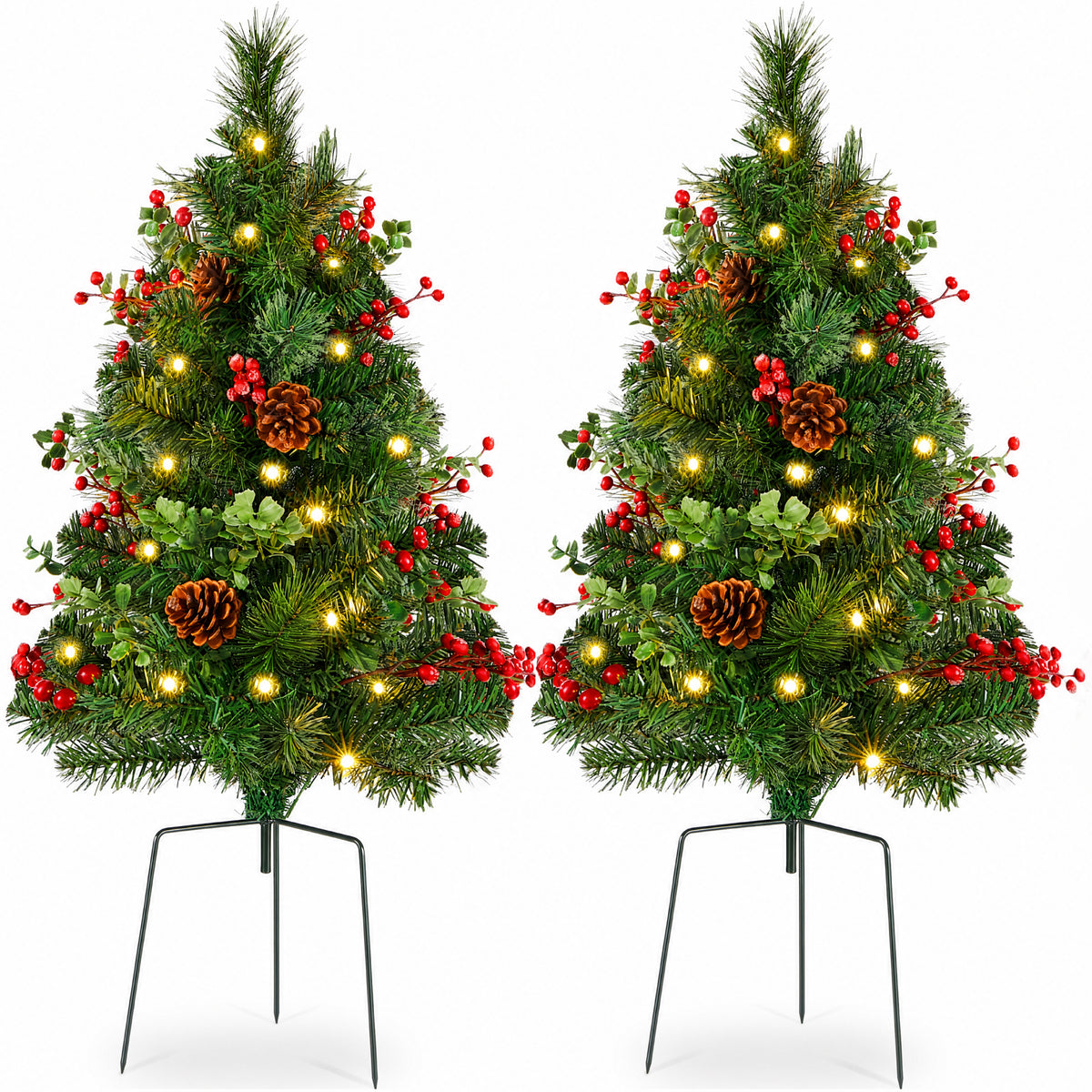 Set of 2 Outdoor Pathway Christmas Trees, Battery Pre-Lit Holiday Decor LEDs