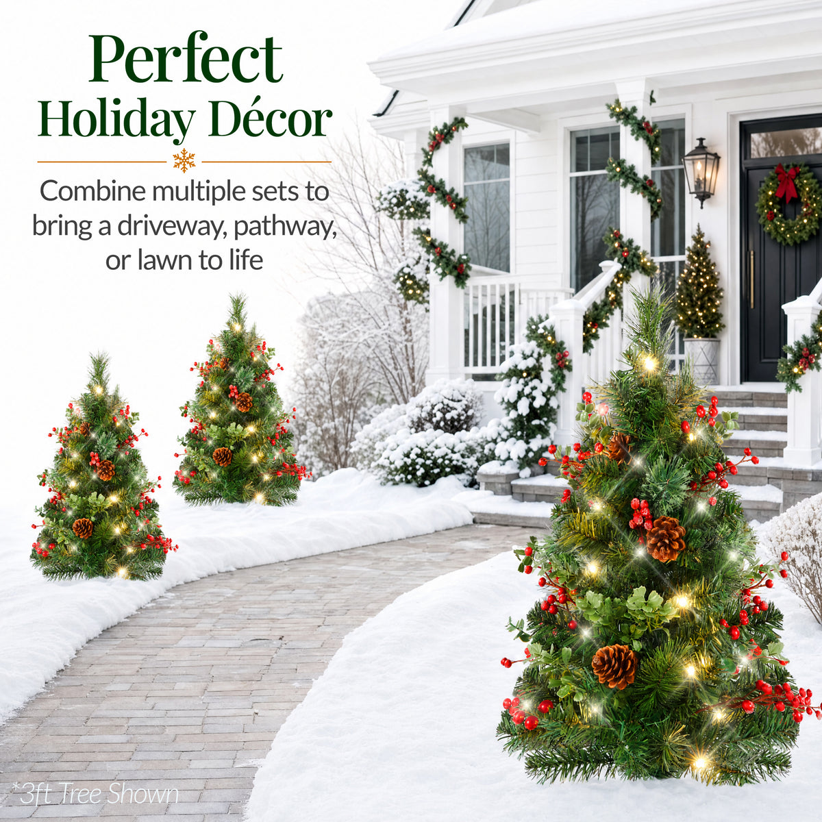Set of 2 Outdoor Pathway Christmas Trees, Battery Pre-Lit Holiday Decor LEDs
