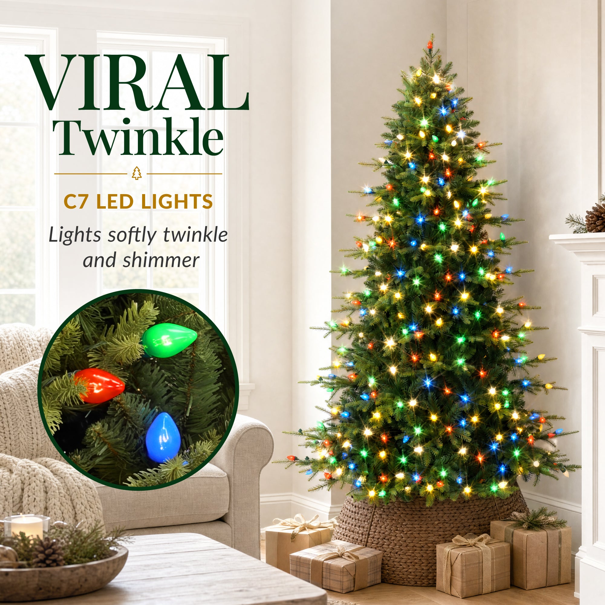 Artificial Pre-lit Aspen Slim Christmas Tree, Multicolored Twinkling C7 LEDs