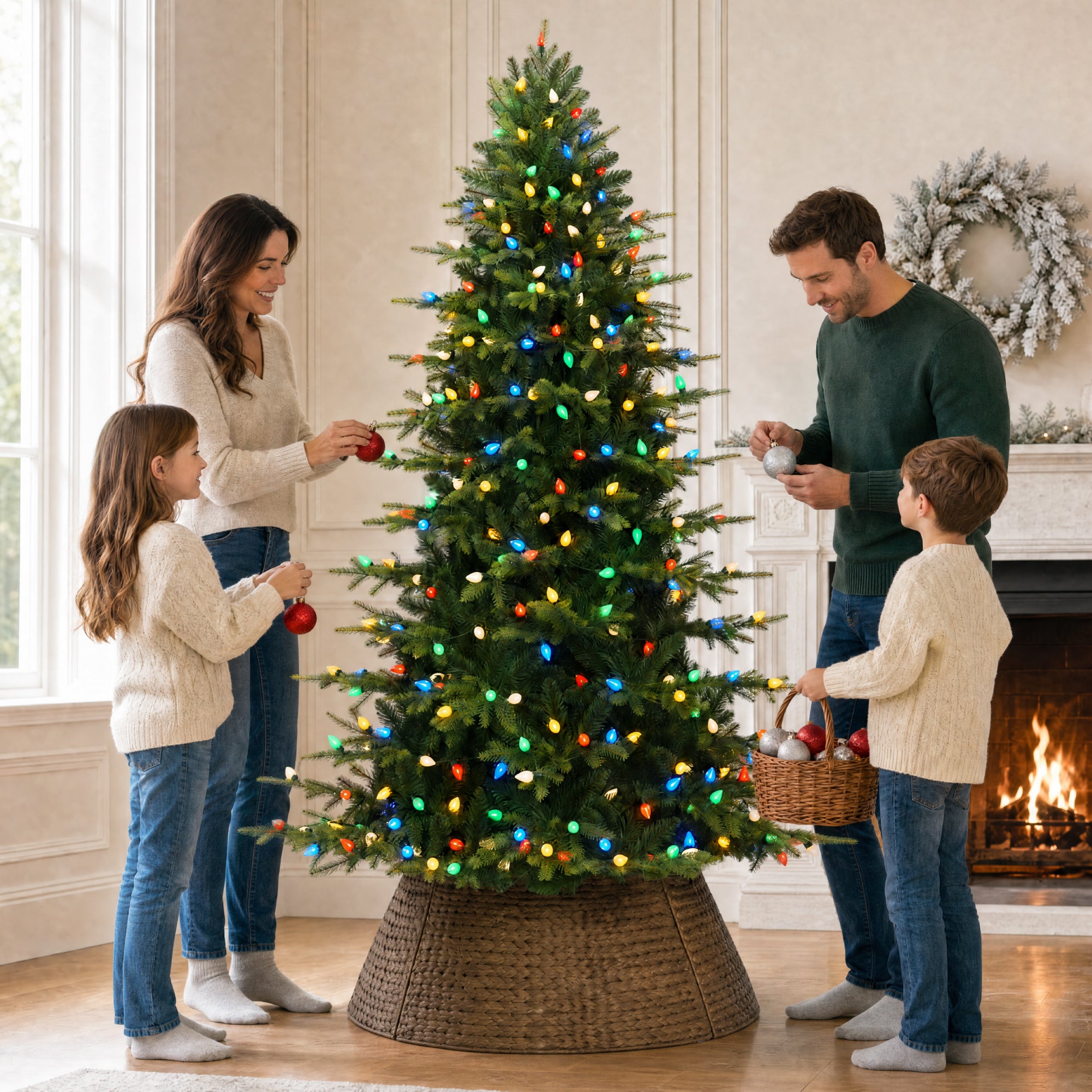 Artificial Pre-lit Aspen Slim Christmas Tree, Multicolored Twinkling C7 LEDs