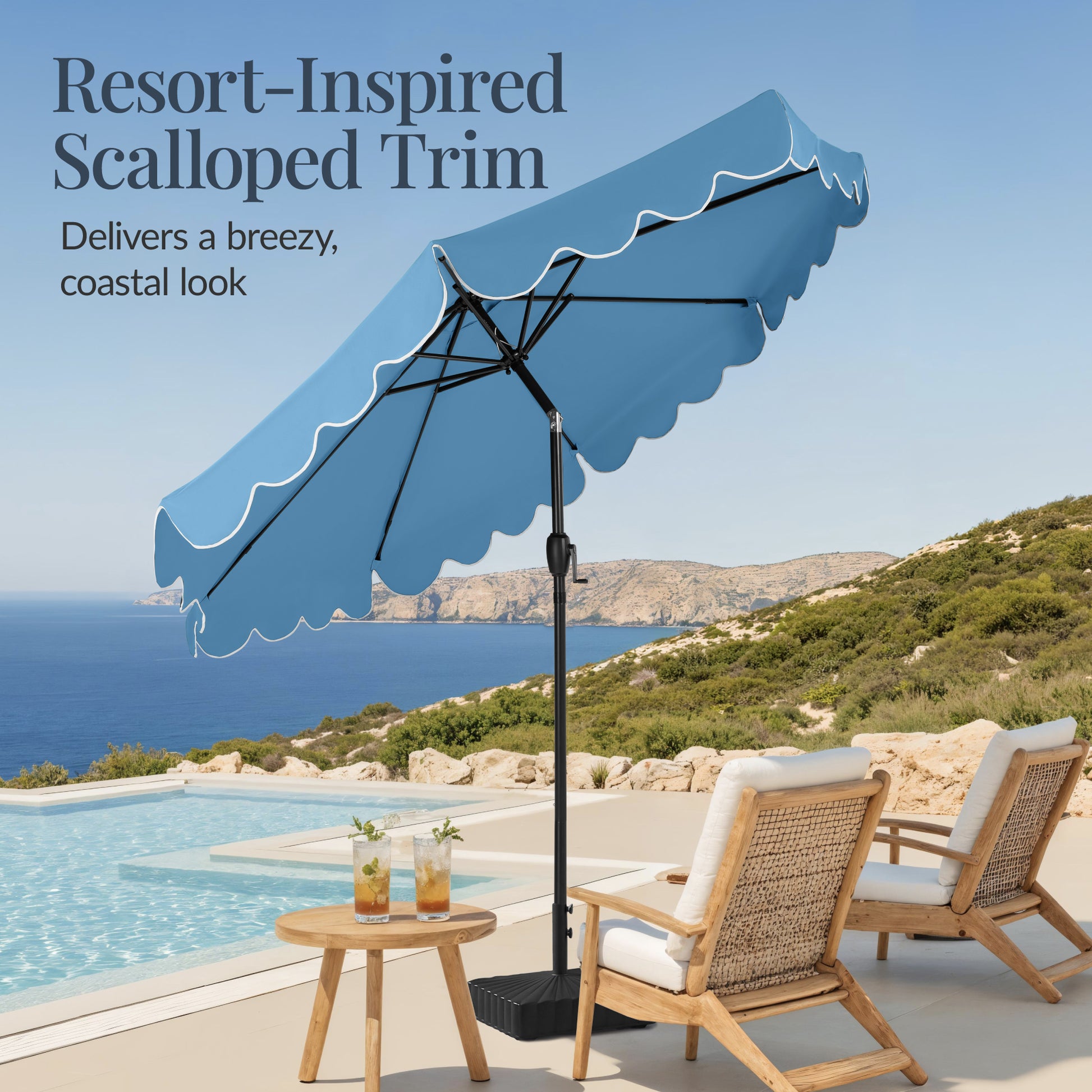 9ft Patio Market Umbrella, Scallop Trim, UV-Fade-Resistant, Crank & Ti – Best Choice Products