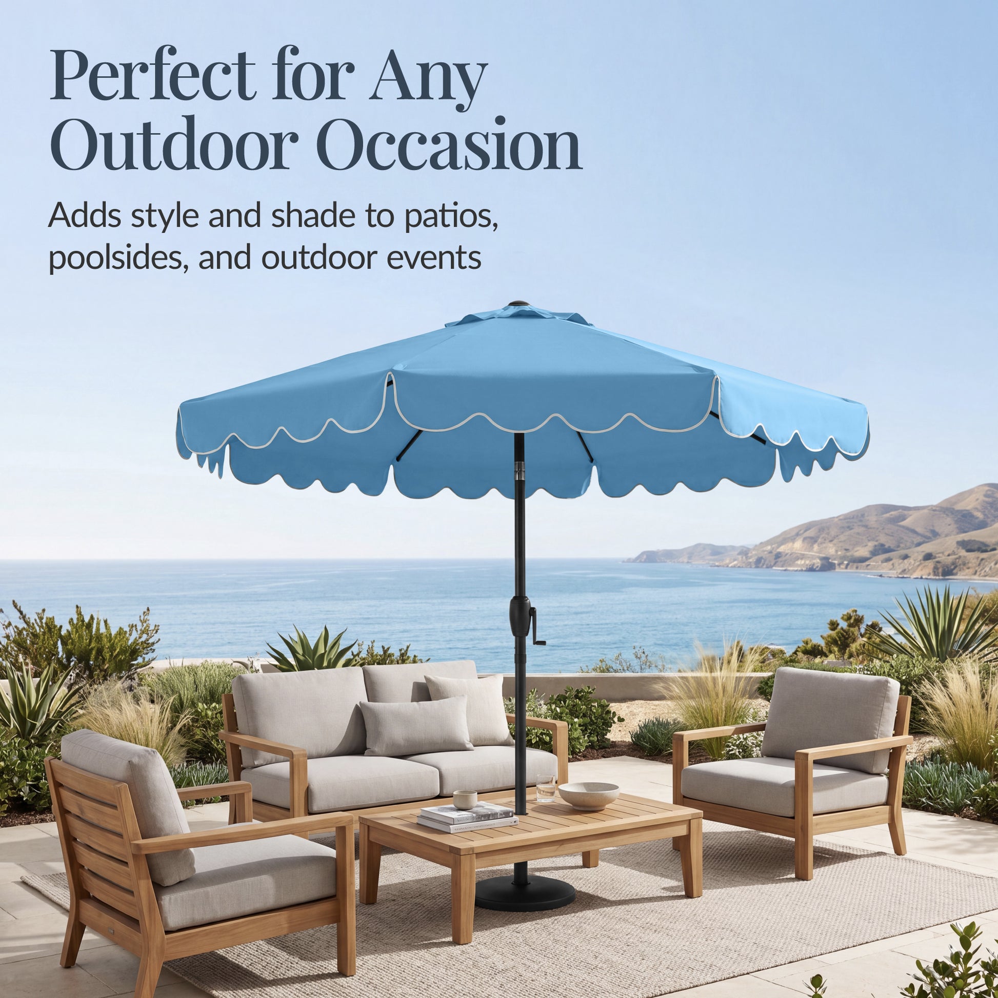9ft Patio Market Umbrella, Scallop Trim, UV-Fade-Resistant, Crank & Ti – Best Choice Products