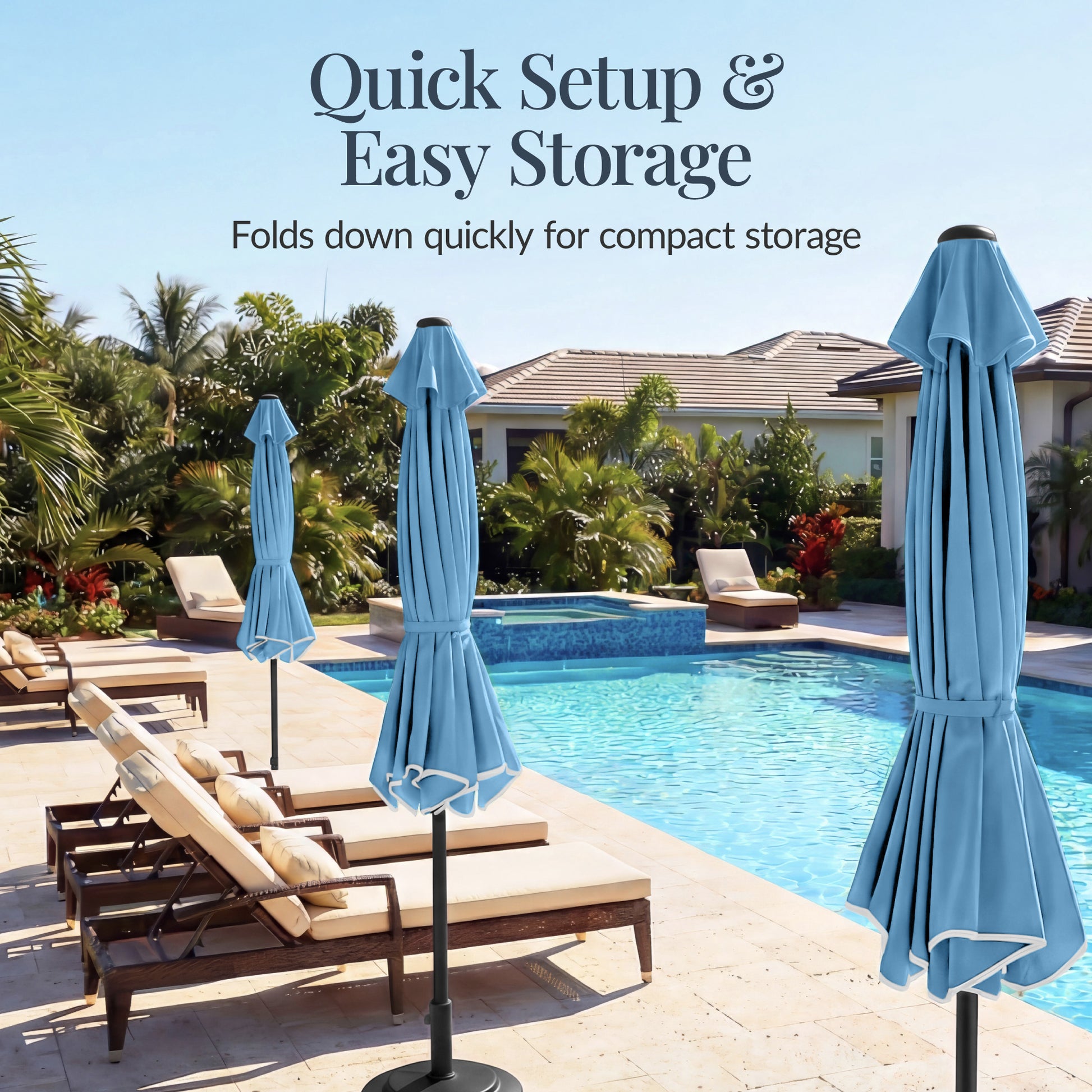 easy open patio umbrella Kozyard 15 FT Rectangular Double-Sided with Solar Light Kozyard LLC it is a perfect choice when there is time that rain spotting and you still want to enjoy outdoor scenery and cool breeze.And when the sun falls 10 FT Solar LED Patio
