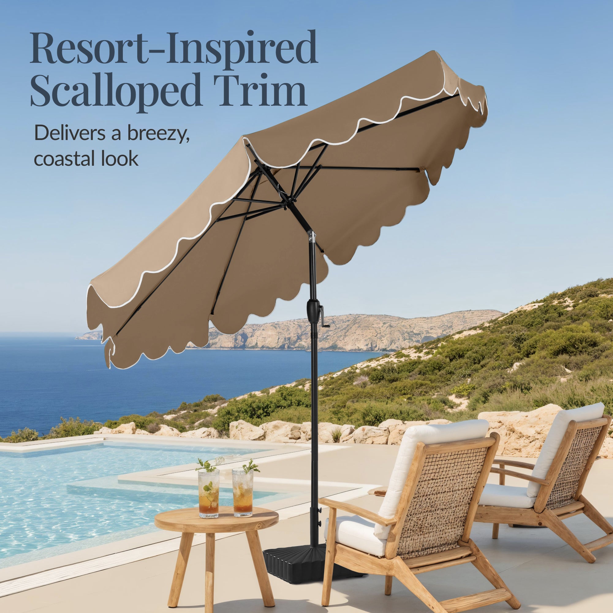 9ft Patio Market Umbrella, Scallop Trim, UV-Fade-Resistant, Crank & Tilt