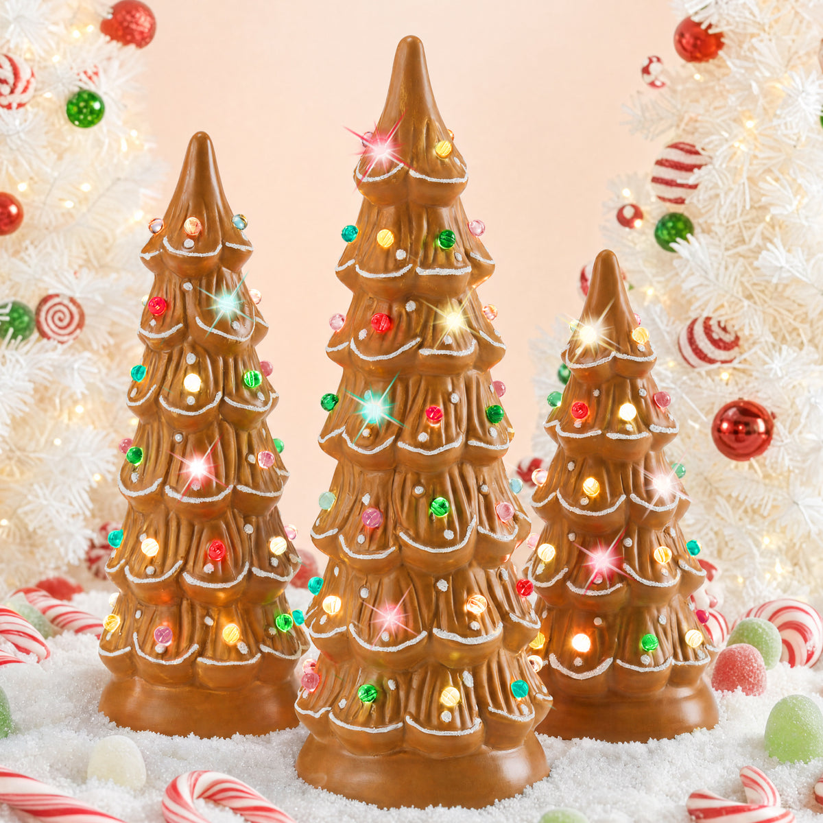 Set of 3 Pre-Lit Ceramic Tabletop Christmas Trees