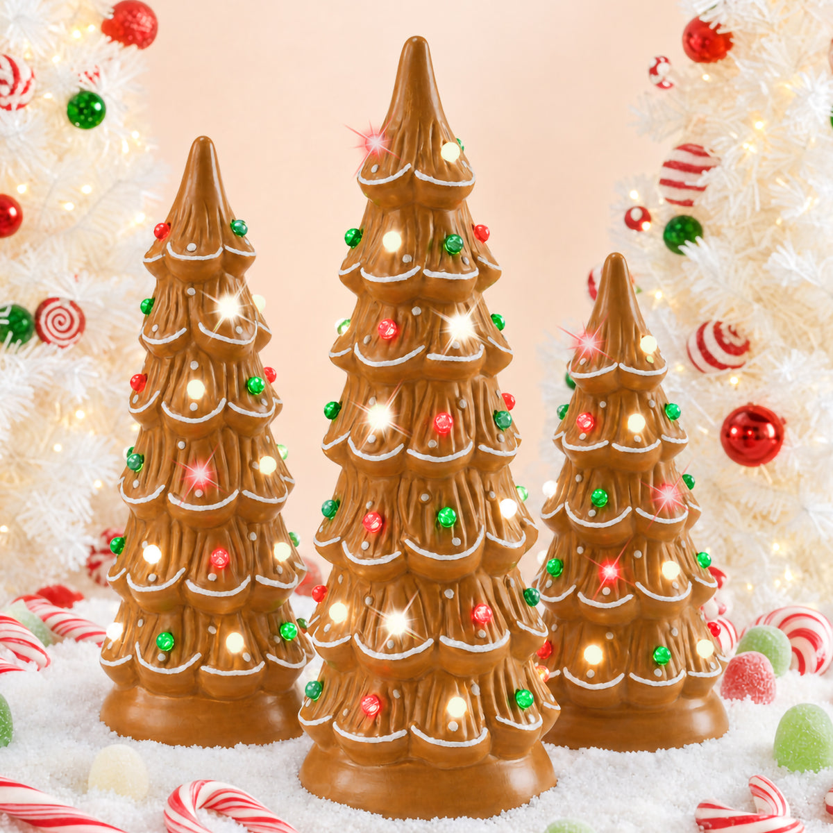 Set of 3 Pre-Lit Ceramic Tabletop Christmas Trees