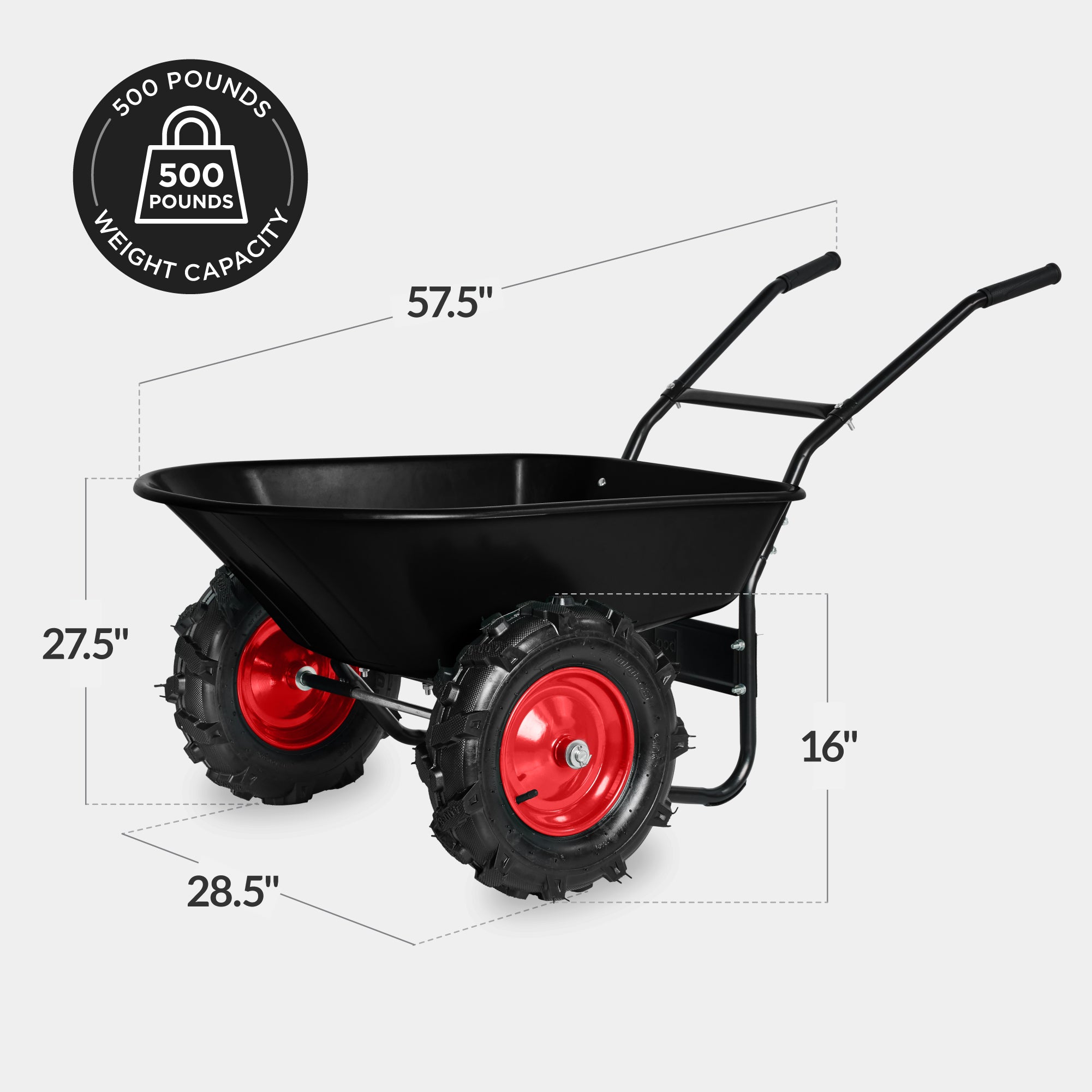 Dual-Wheel Wheelbarrow w/Built in Stand, 500lb Capacity, Extra Large Wheels