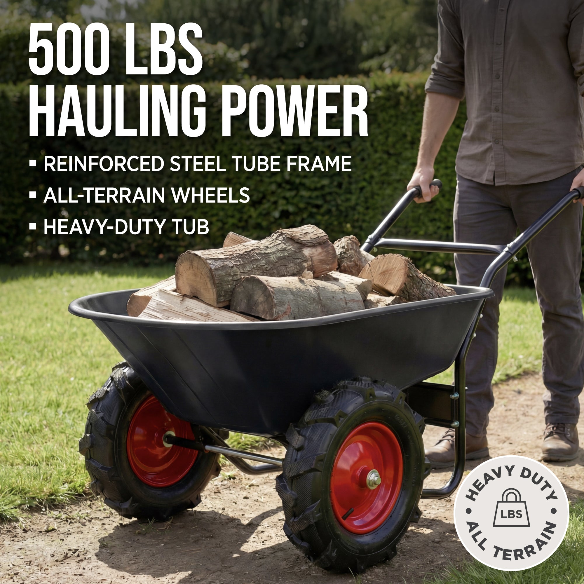 Dual-Wheel Wheelbarrow w/Built in Stand, 500lb Capacity, Extra Large Wheels