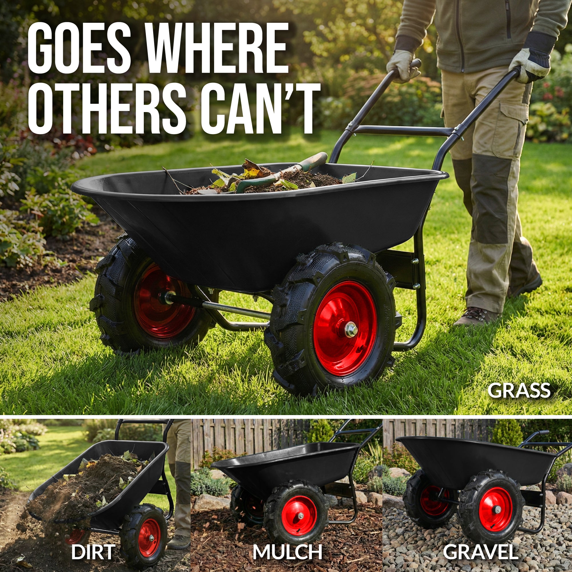 Dual-Wheel Wheelbarrow w/Built in Stand, 500lb Capacity, Extra Large Wheels