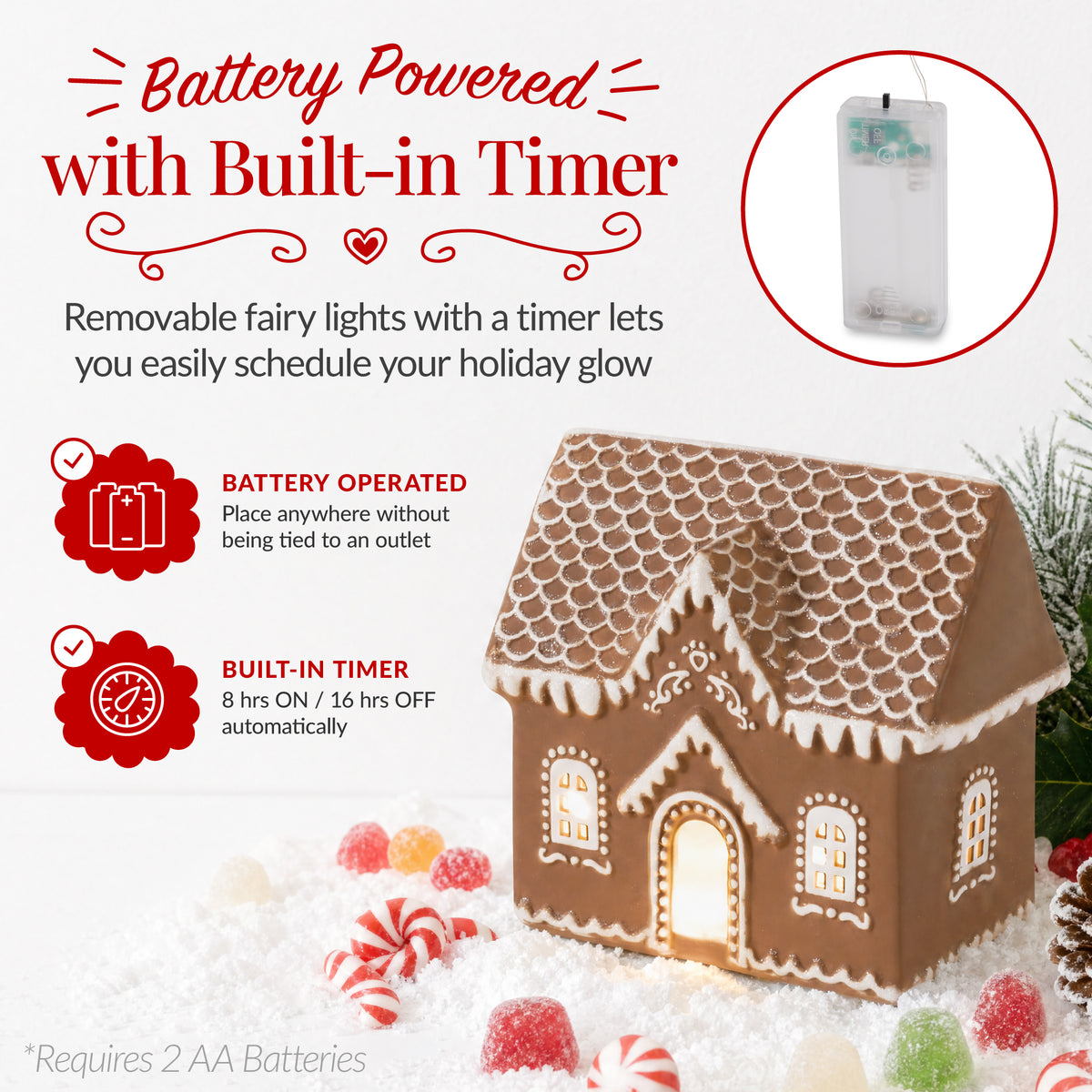 Ceramic Gingerbread House Lighted Christmas Decor, Battery Powered