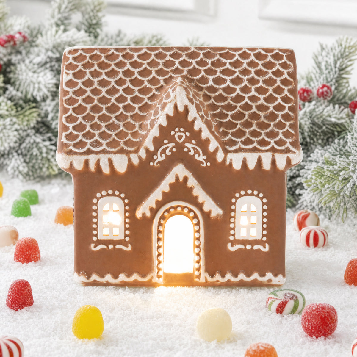 Ceramic Gingerbread House Lighted Christmas Decor, Battery Powered