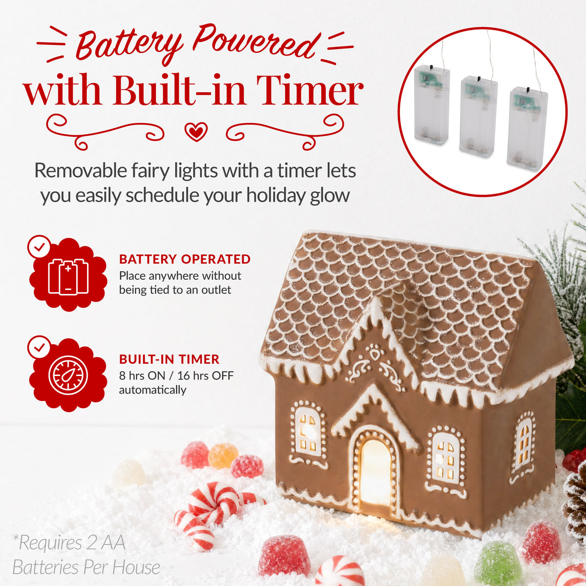 Ceramic Gingerbread House Lighted Christmas Decor, Battery Powered