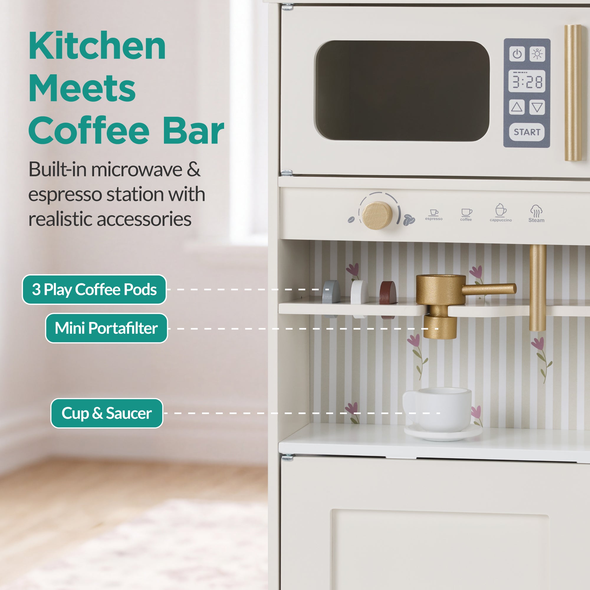 Kids Play Kitchen Set with Espresso Machine, Ice Maker & Accessories