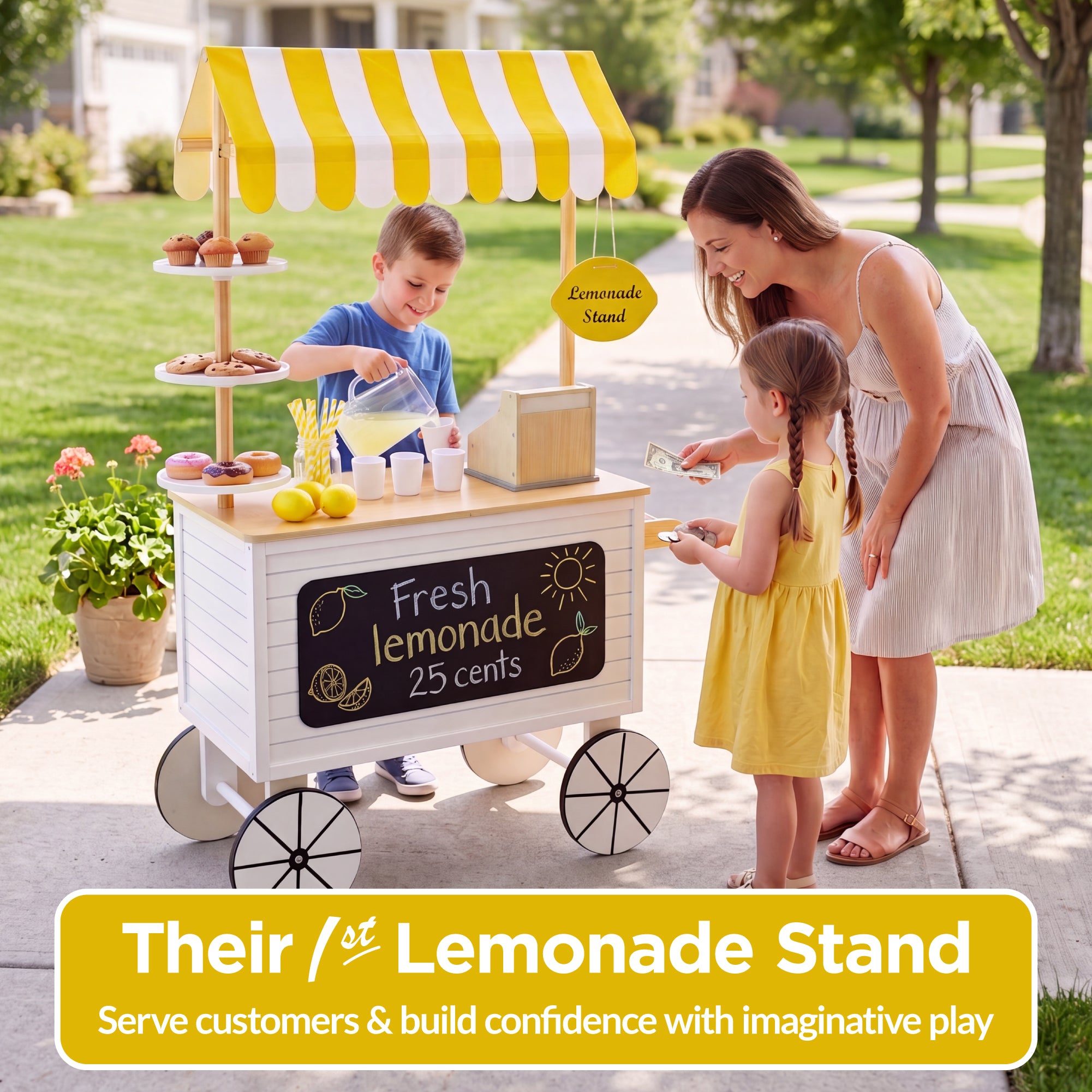 Kids Outdoor Lemonade Stand Play Kitchen w/ Canopy, Chalkboard, Wheels, 8Pcs