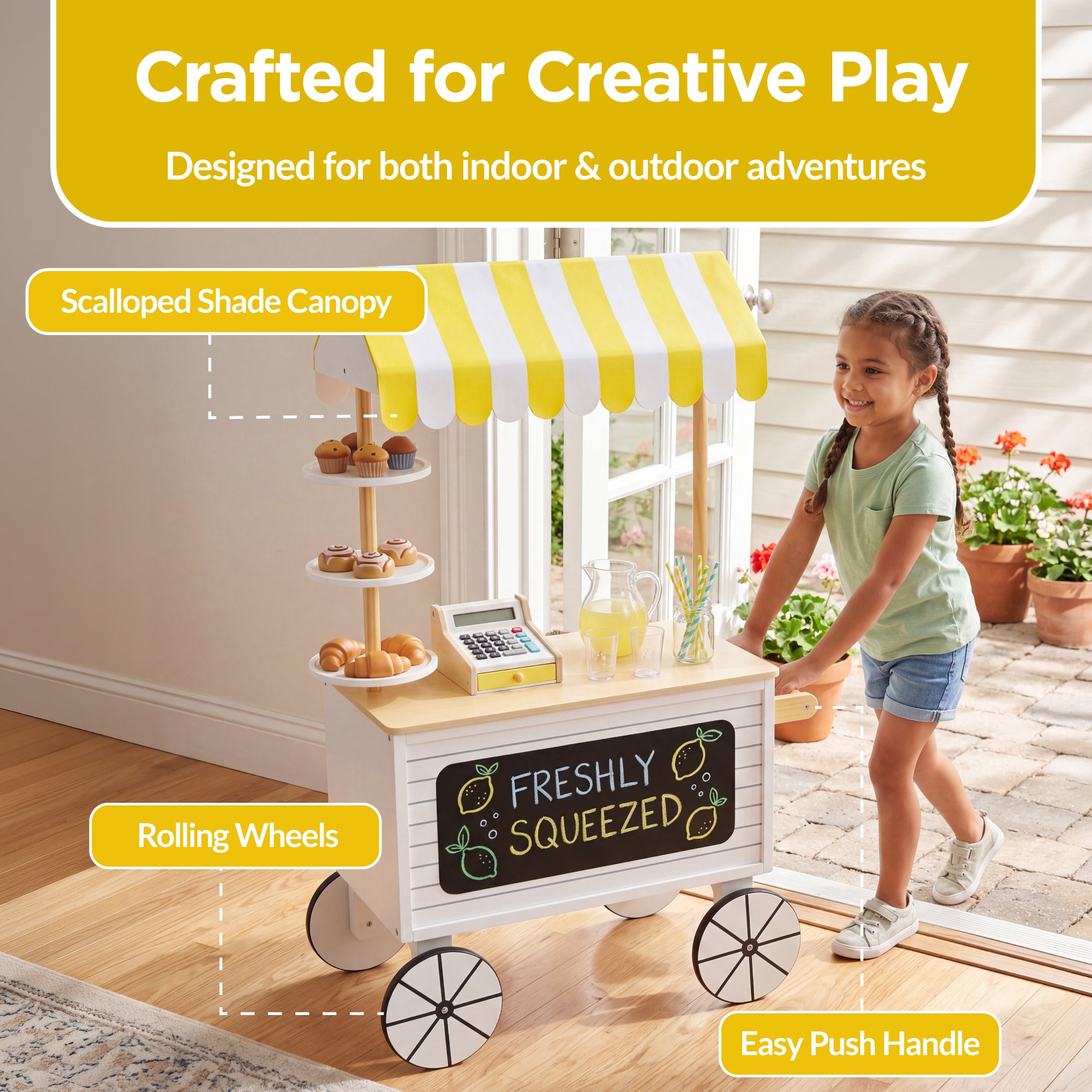 Kids Outdoor Lemonade Stand Play Kitchen w/ Canopy, Chalkboard, Wheels, 8Pcs