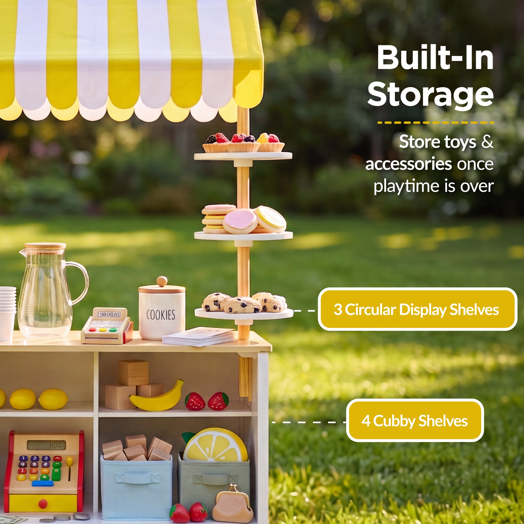 Kids Outdoor Lemonade Stand Play Kitchen w/ Canopy, Chalkboard, Wheels, 8Pcs