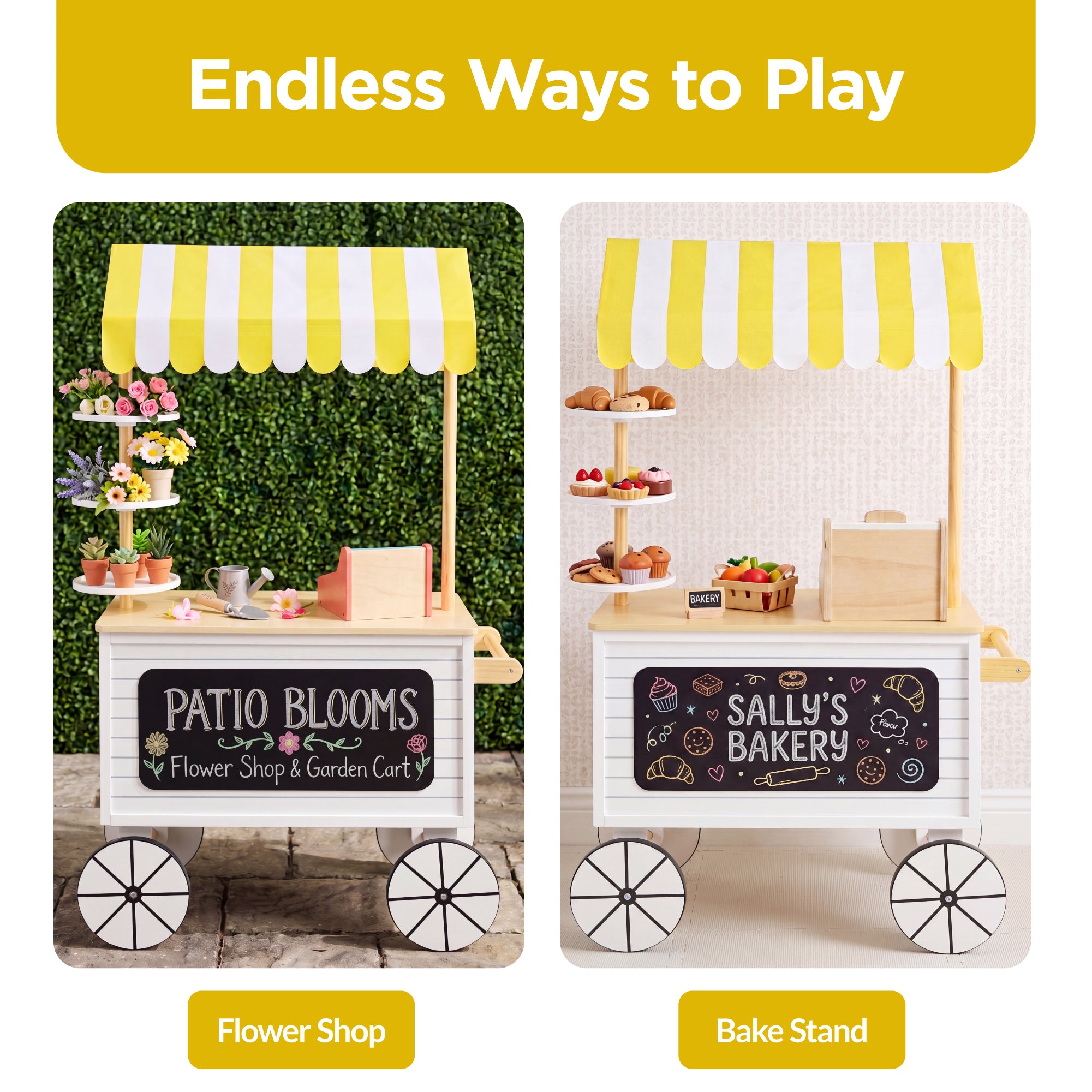Kids Outdoor Lemonade Stand Play Kitchen w/ Canopy, Chalkboard, Wheels, 8Pcs