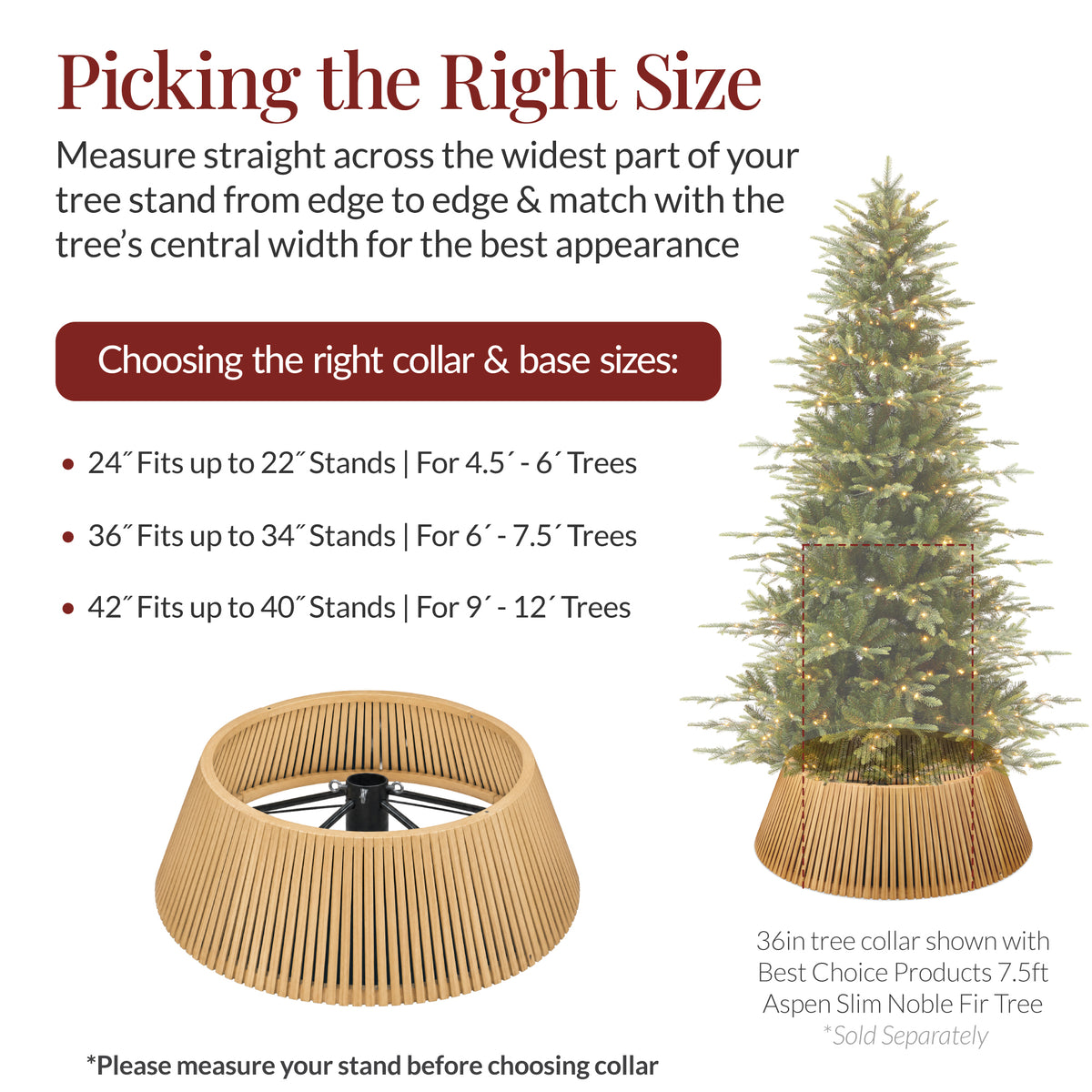 42in Christmas Tree Collar, Solid Wood Slatted Tree Skirt Holiday Accessory