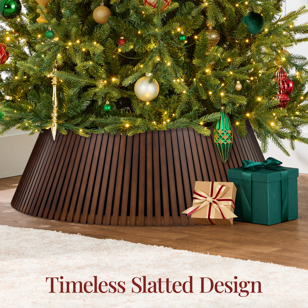 42in Christmas Tree Collar, Solid Wood Slatted Tree Skirt Holiday Accessory