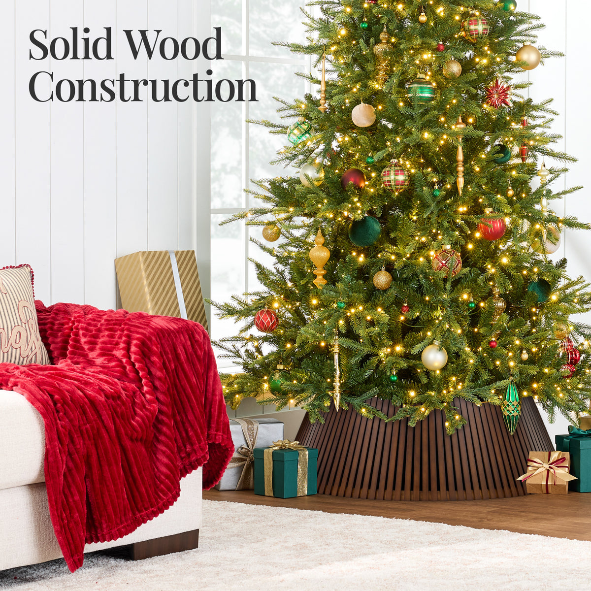 42in Christmas Tree Collar, Solid Wood Slatted Tree Skirt Holiday Accessory