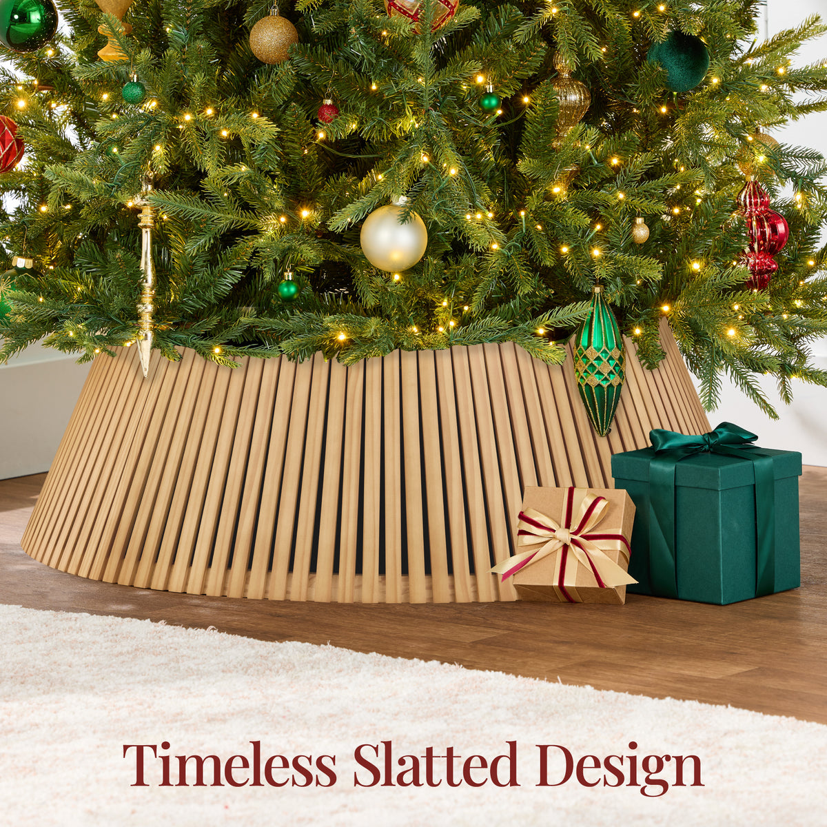 36.5" Christmas Tree Collar, Solid Wood Slatted Tree Skirt Holiday Accessory