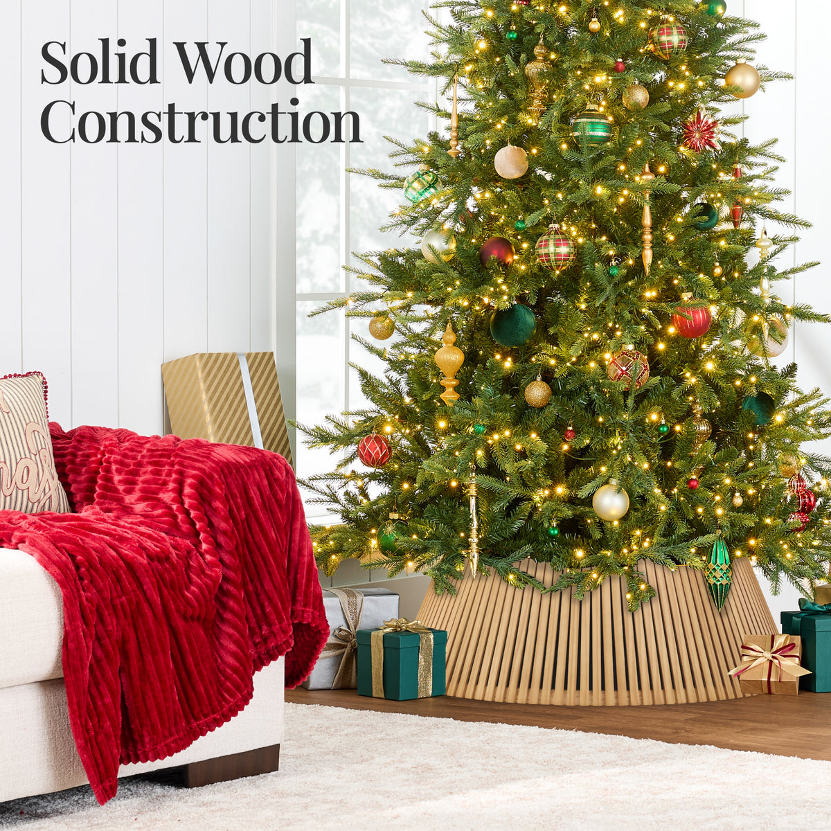 36.5" Christmas Tree Collar, Solid Wood Slatted Tree Skirt Holiday Accessory