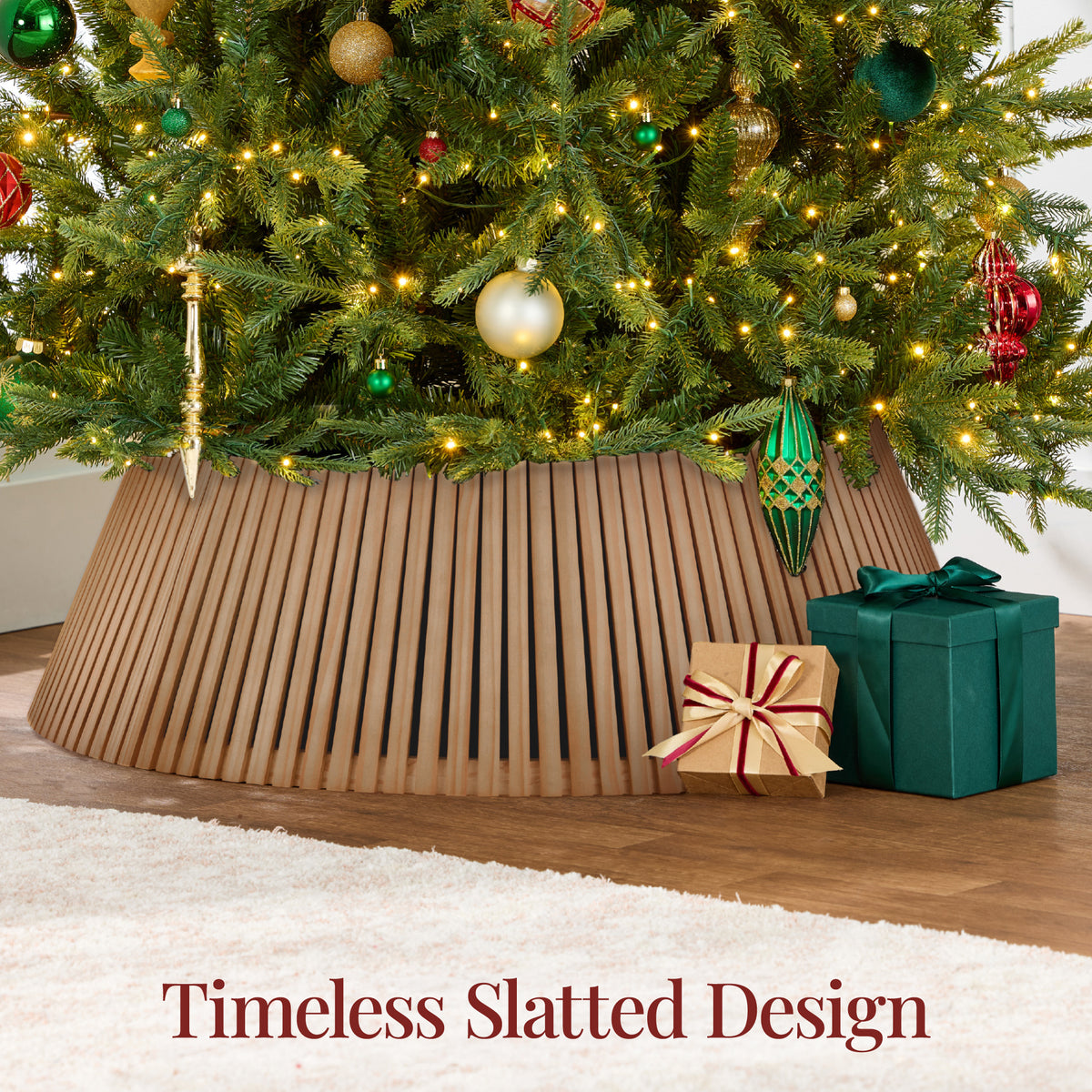 36.5" Christmas Tree Collar, Solid Wood Slatted Tree Skirt Holiday Accessory