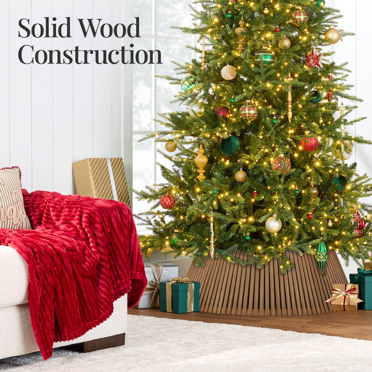 36.5" Christmas Tree Collar, Solid Wood Slatted Tree Skirt Holiday Accessory