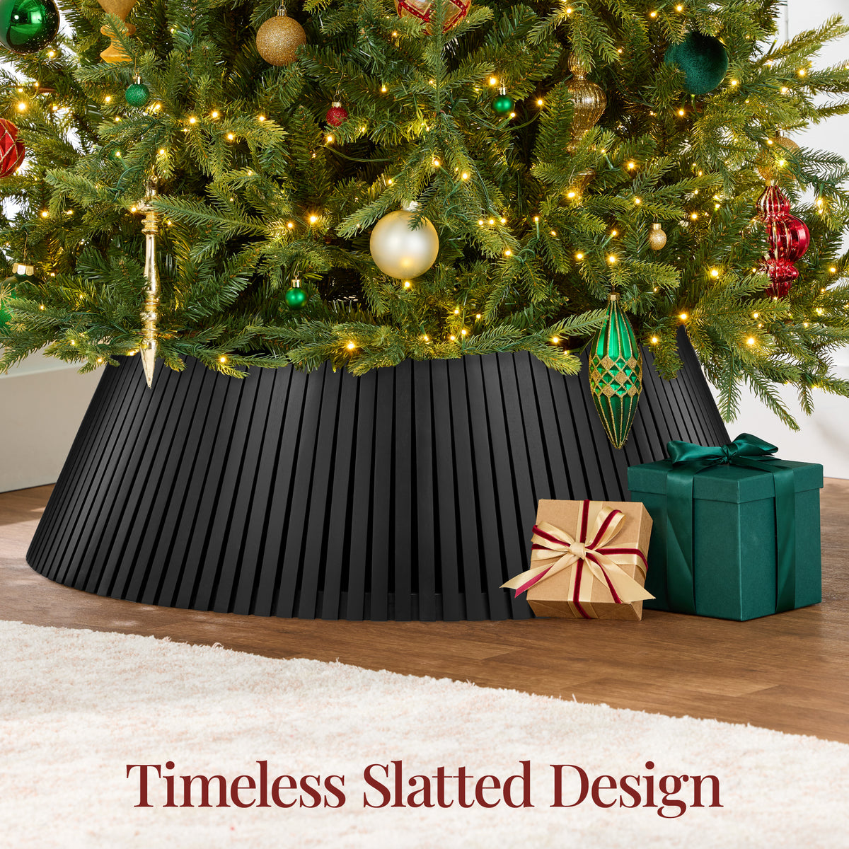 36.5" Christmas Tree Collar, Solid Wood Slatted Tree Skirt Holiday Accessory