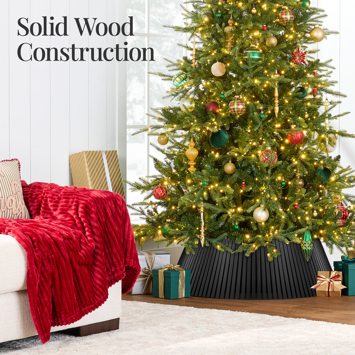 36.5" Christmas Tree Collar, Solid Wood Slatted Tree Skirt Holiday Accessory