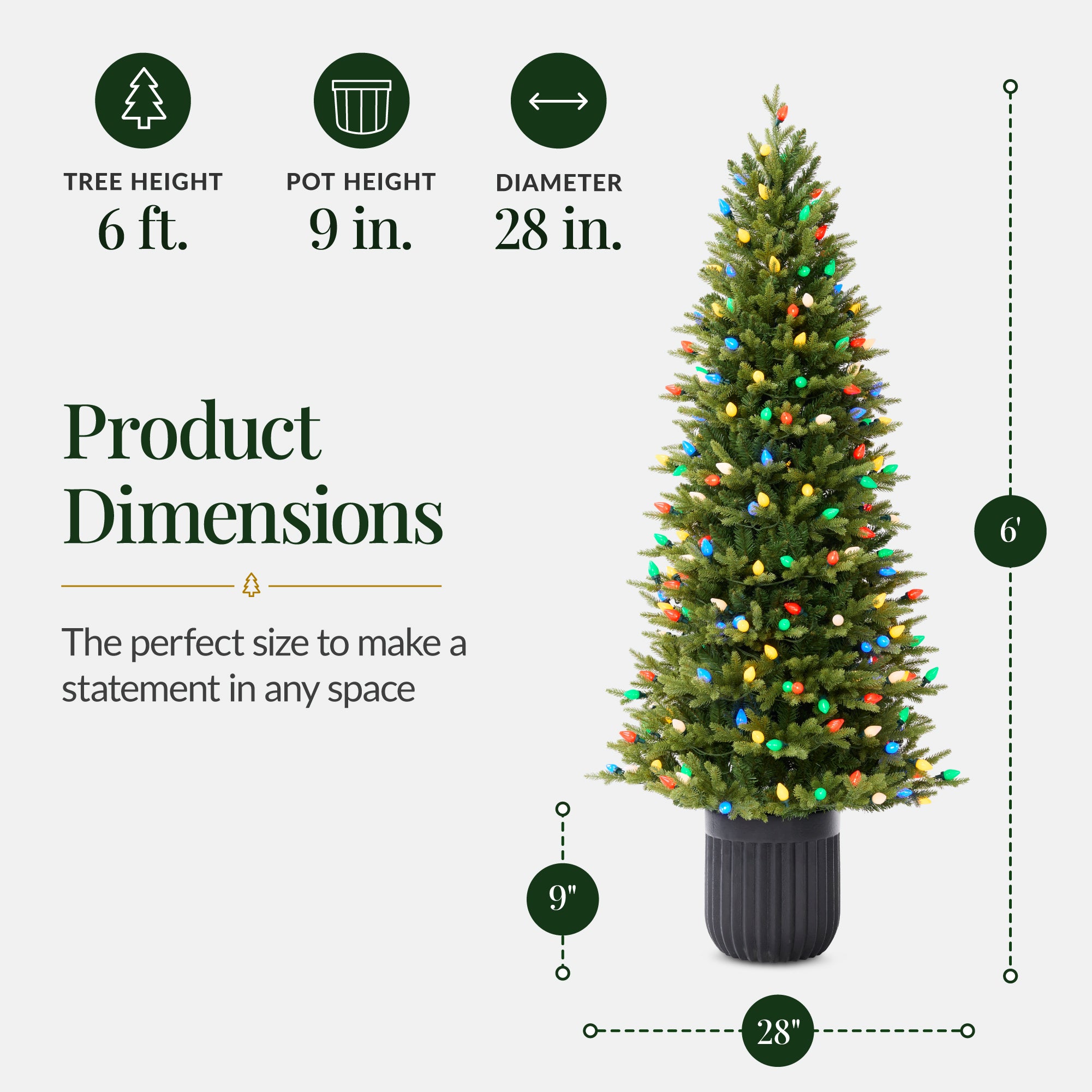 Prelit Potted Pencil Christmas Tree w/ Twinkling C7 Lights