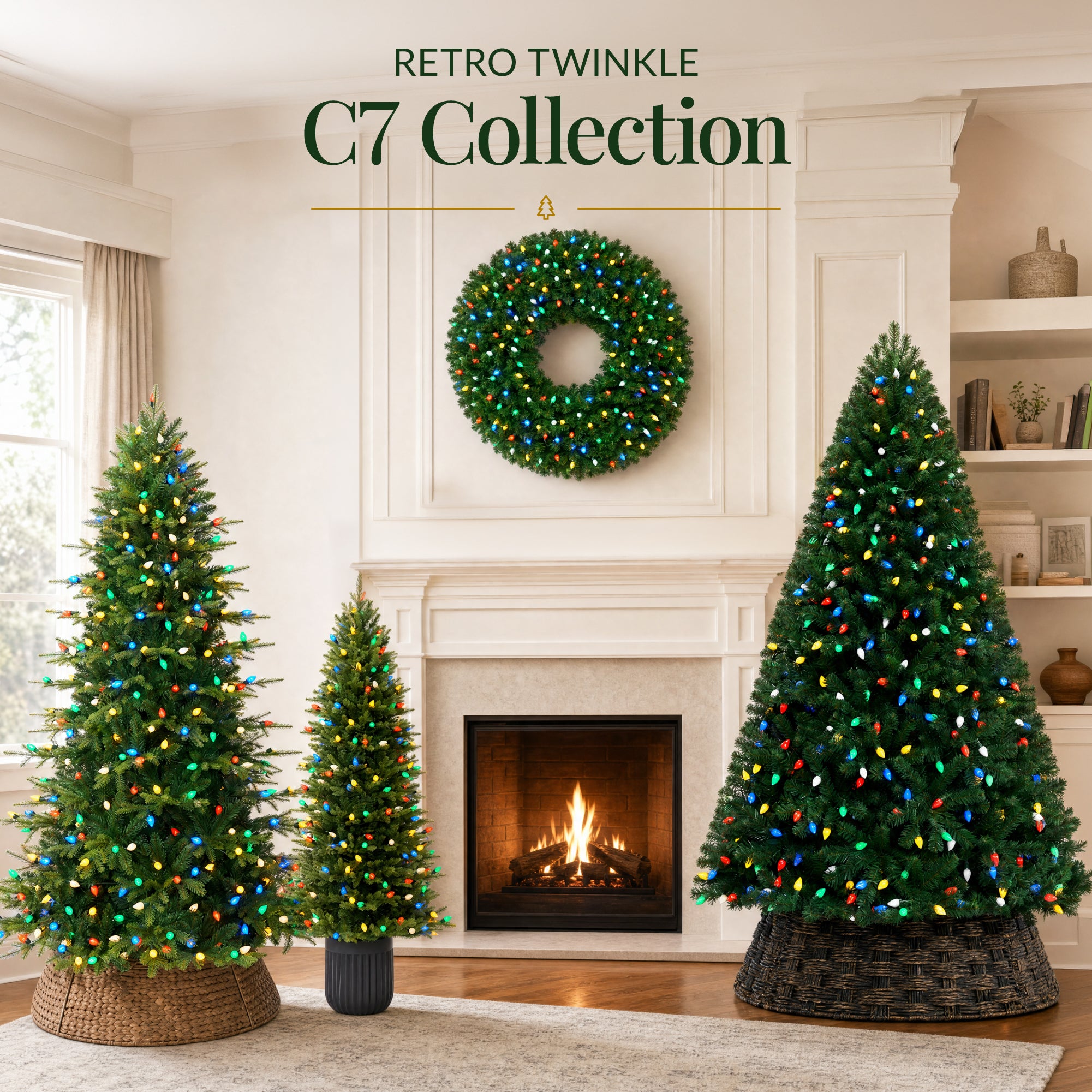 Prelit Potted Pencil Christmas Tree w/ Twinkling C7 Lights