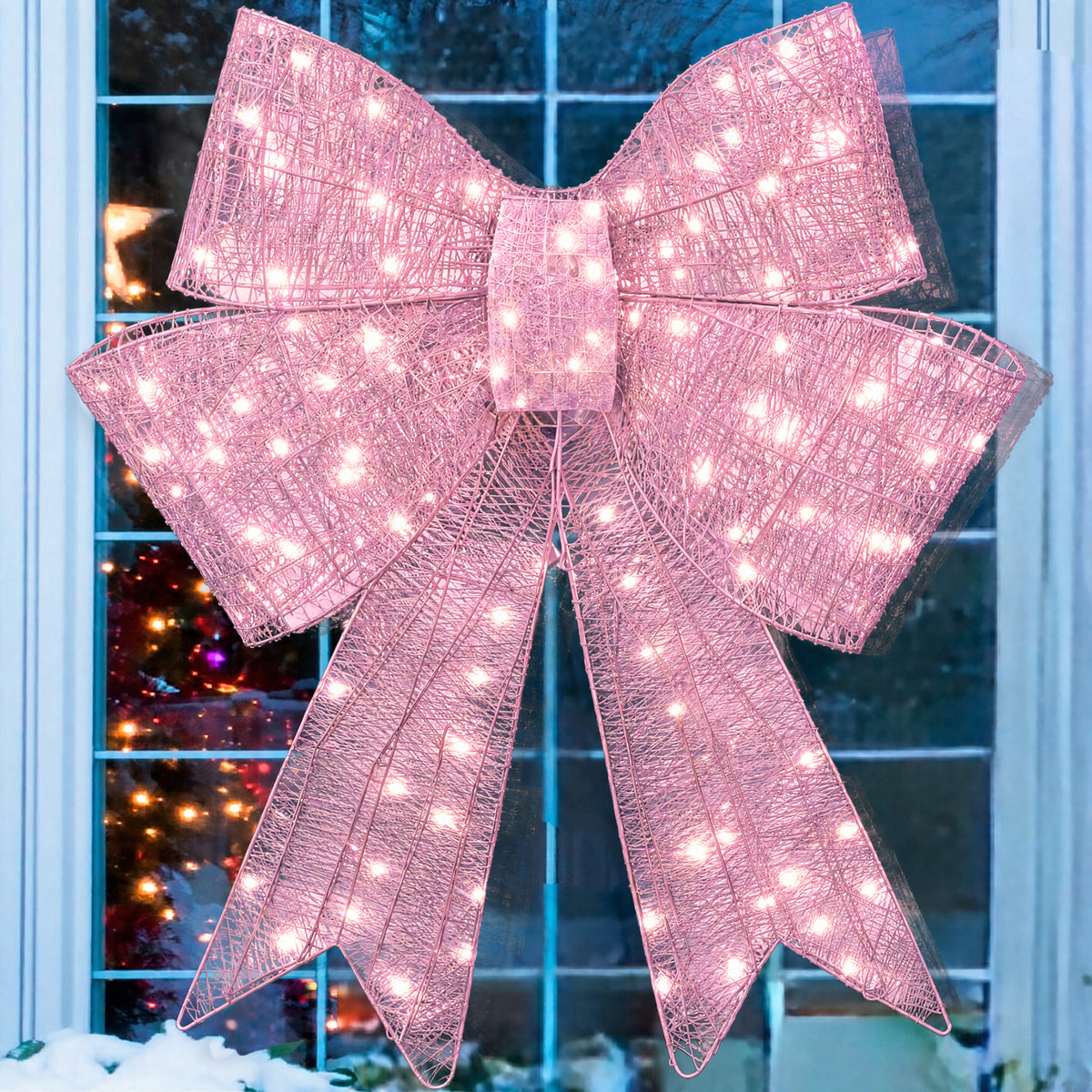 Pre-Lit XL Pink Christmas Bow Decoration, Large Outdoor Holiday Decor w/LEDs