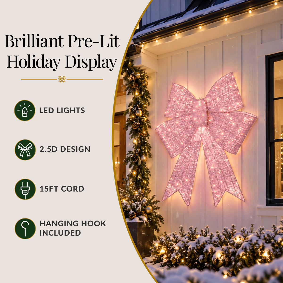 Pre-Lit XL Pink Christmas Bow Decoration, Large Outdoor Holiday Decor w/LEDs