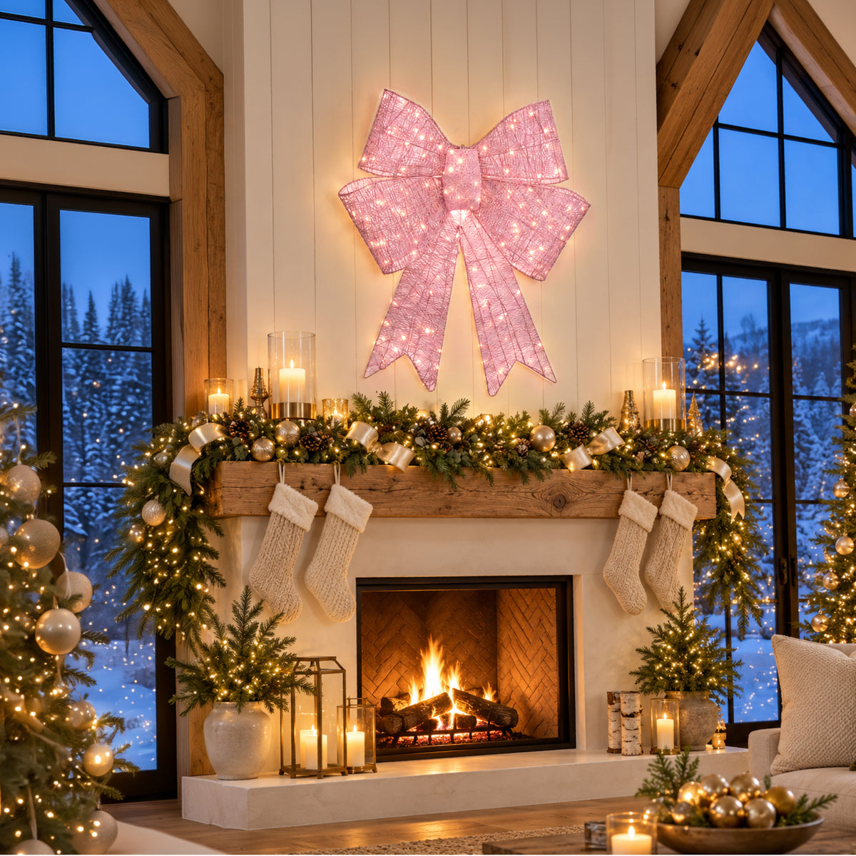 Pre-Lit XL Pink Christmas Bow Decoration, Large Outdoor Holiday Decor w/LEDs