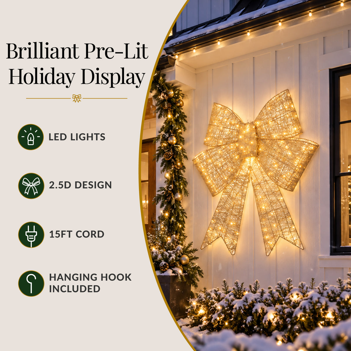 Pre-Lit XL Gold Christmas Bow Decoration, Large Outdoor Holiday Decor w/LEDs