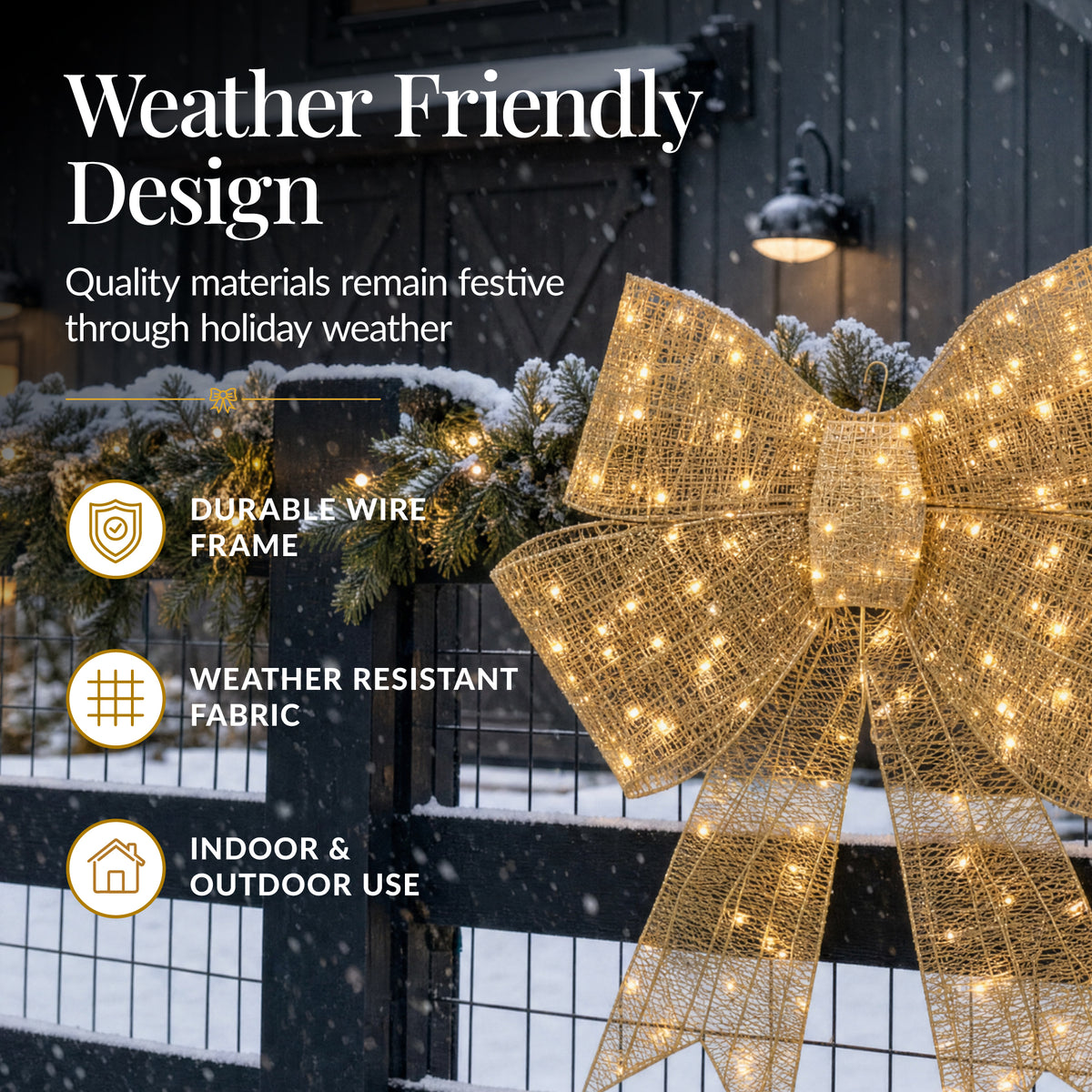 Pre-Lit XL Gold Christmas Bow Decoration, Large Outdoor Holiday Decor w/LEDs