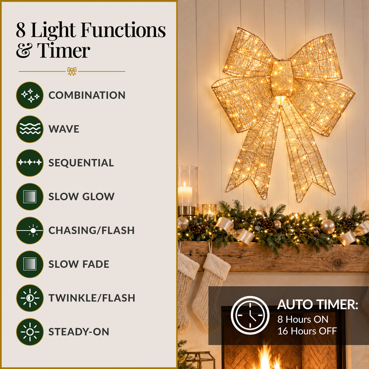 Pre-Lit XL Gold Christmas Bow Decoration, Large Outdoor Holiday Decor w/LEDs