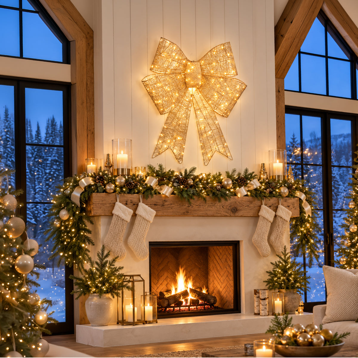 Pre-Lit XL Gold Christmas Bow Decoration, Large Outdoor Holiday Decor w/LEDs