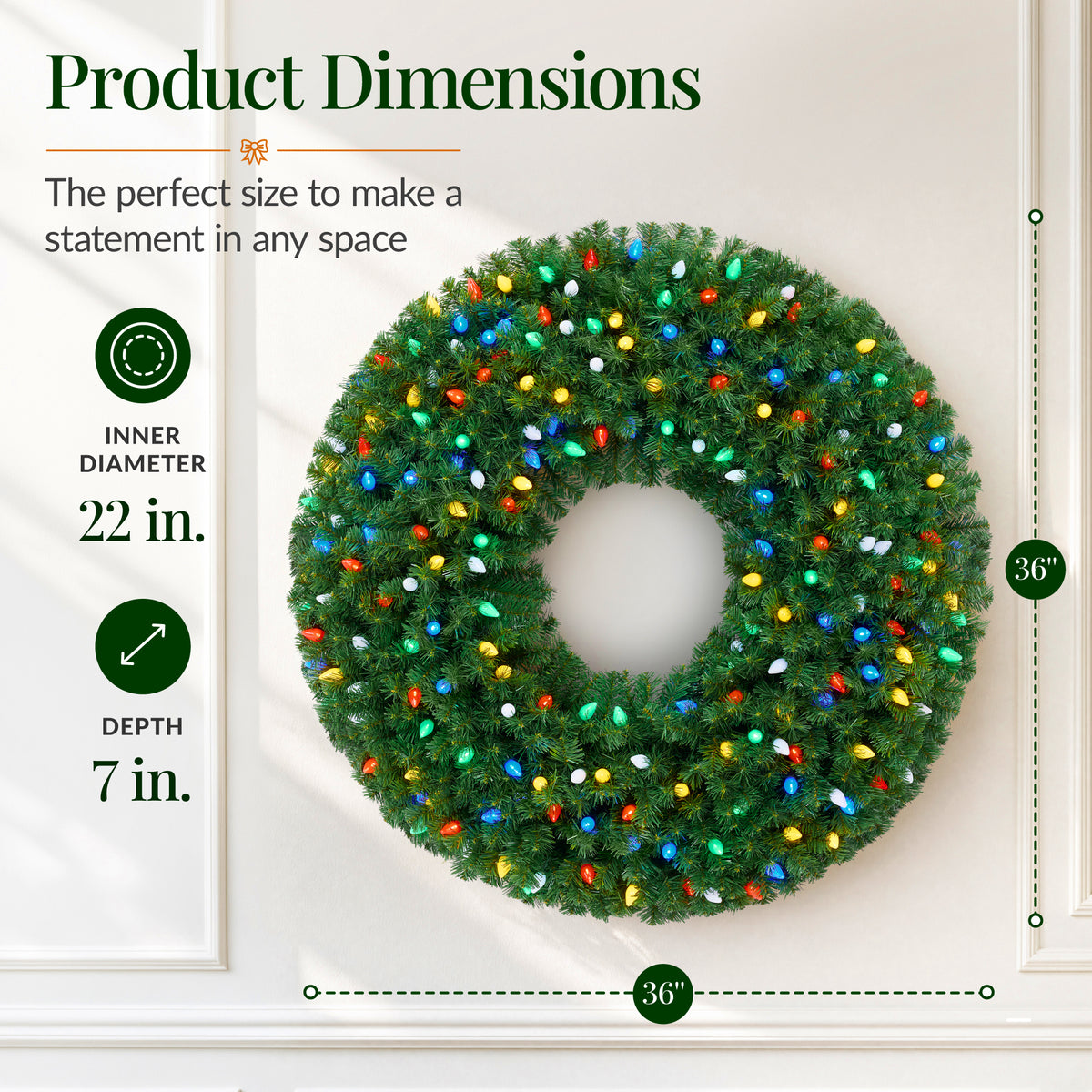Large Artificial Pre-Lit Christmas Wreath with Twinkling C7 LED Bulbs