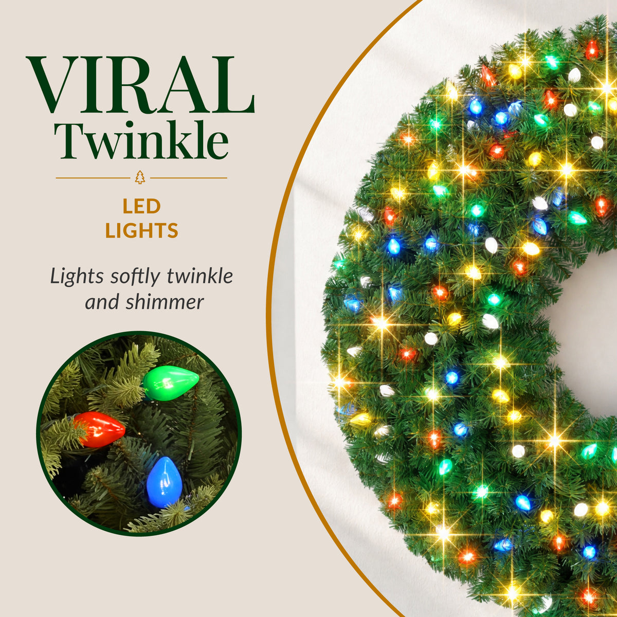 Large Artificial Pre-Lit Christmas Wreath with Twinkling C7 LED Bulbs