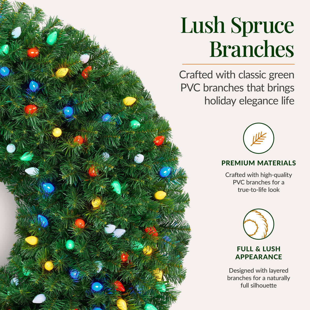 Large Artificial Pre-Lit Christmas Wreath with Twinkling C7 LED Bulbs