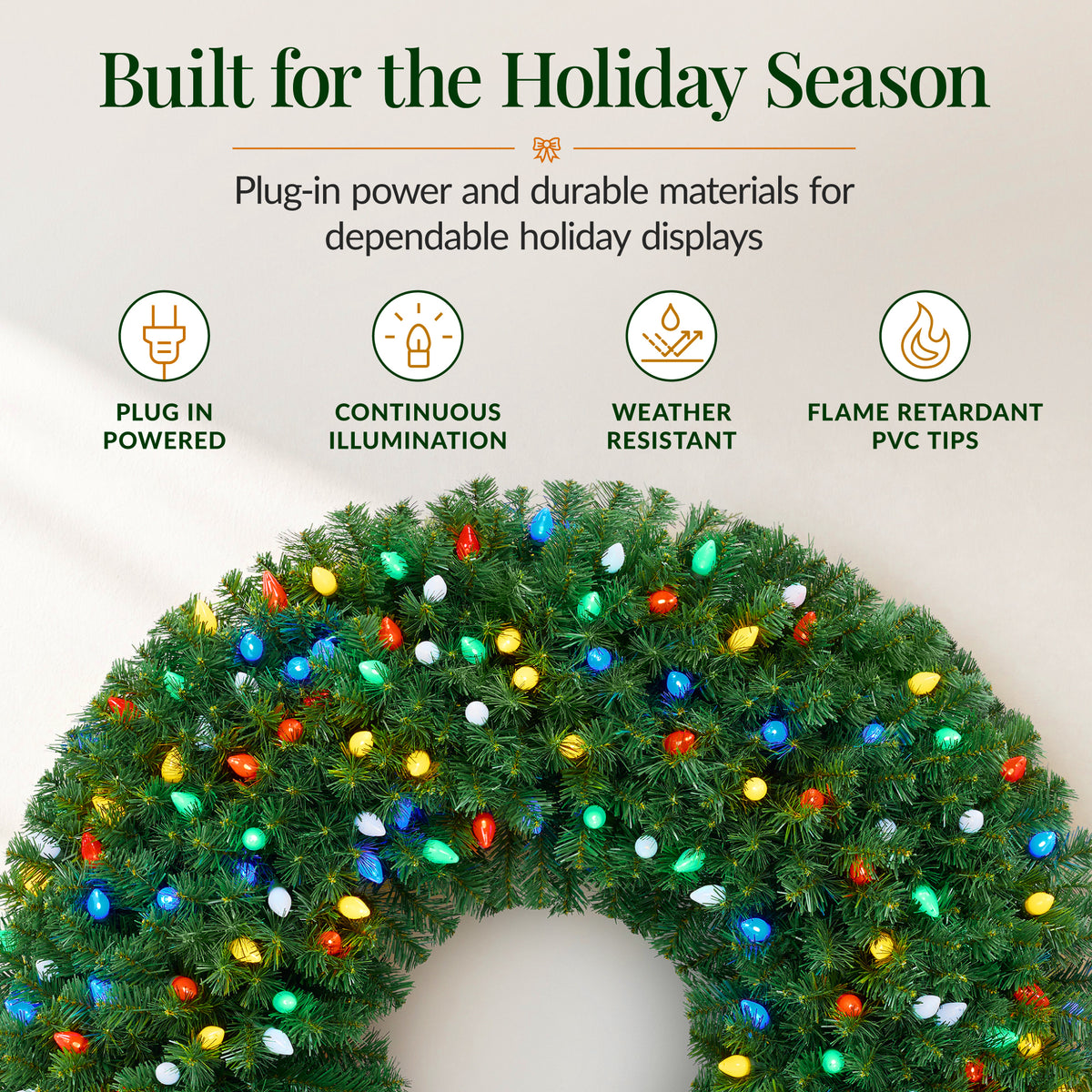 Large Artificial Pre-Lit Christmas Wreath with Twinkling C7 LED Bulbs