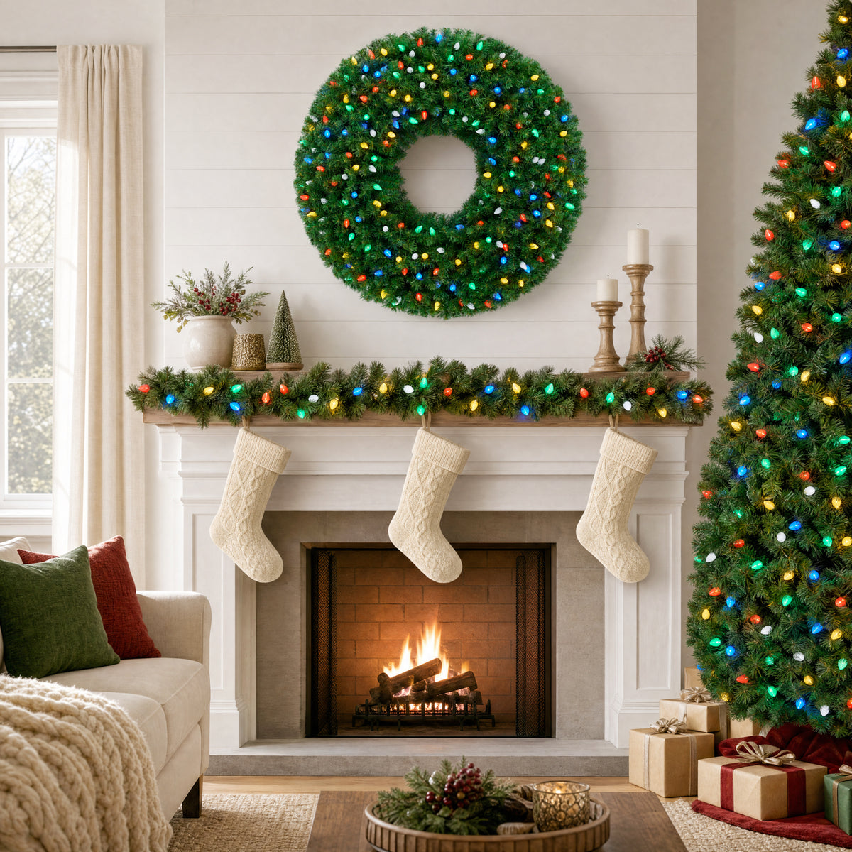 Large Artificial Pre-Lit Christmas Wreath with Twinkling C7 LED Bulbs