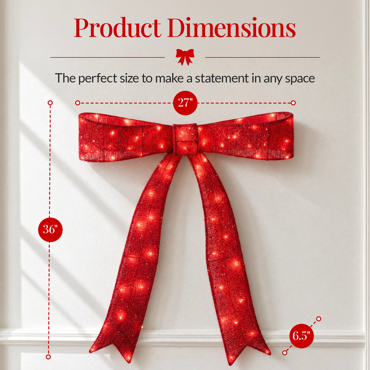 Large Pre-Lit Christmas Bow Slim Lighted Decor, XL Outdoor Red Bow w/ LEDs
