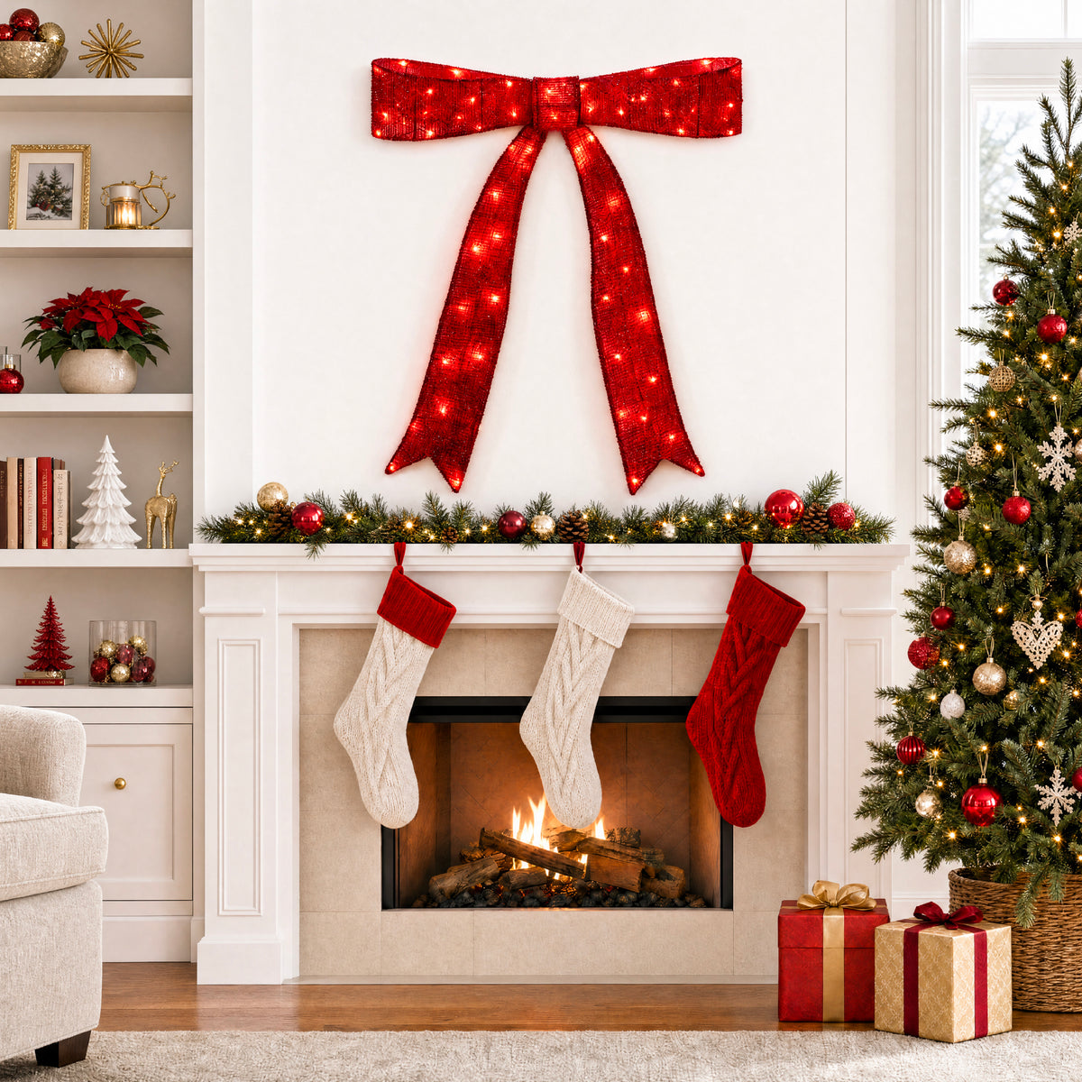 Large Pre-Lit Christmas Bow Slim Lighted Decor, XL Outdoor Red Bow w/ LEDs