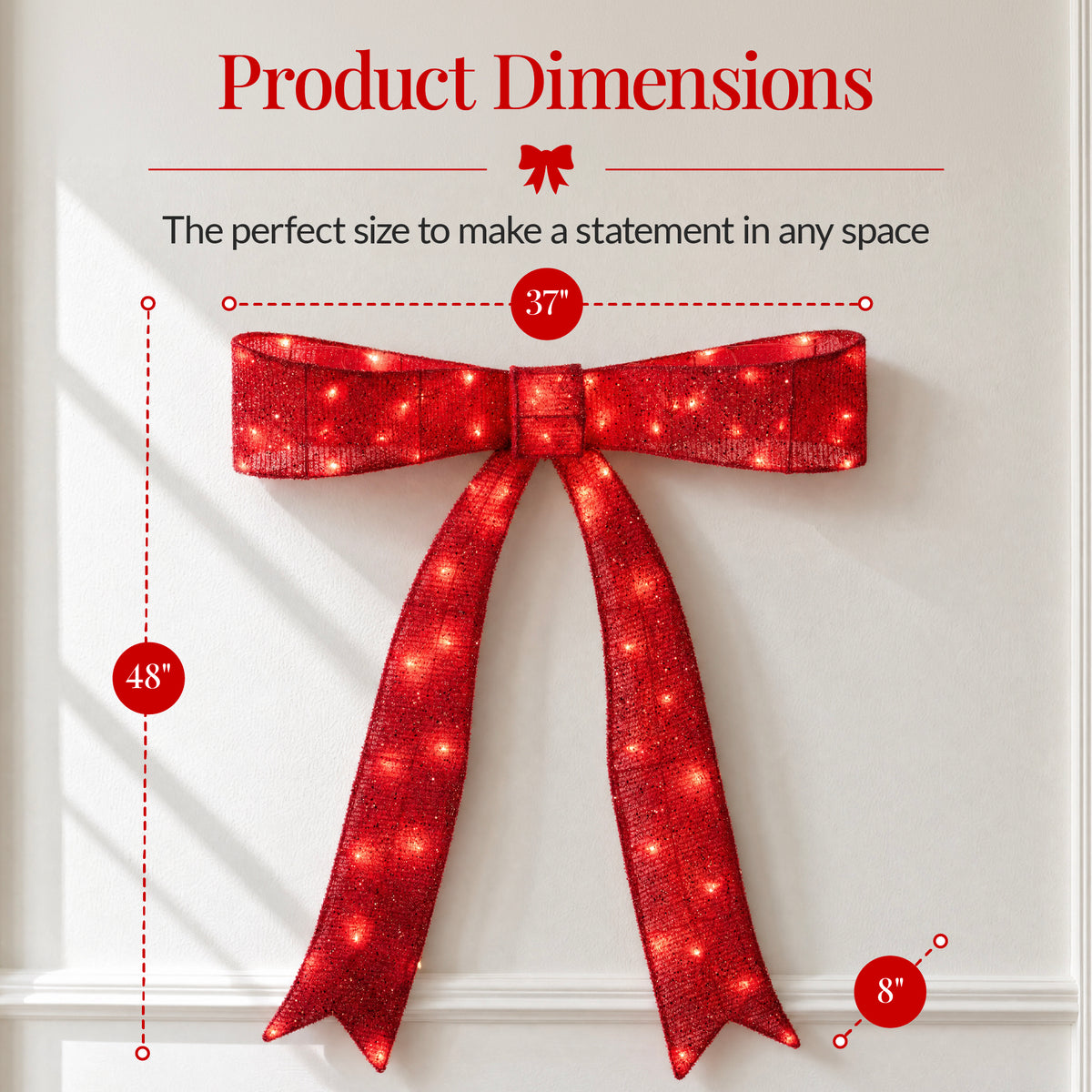 Large Pre-Lit Christmas Bow Slim Lighted Decor, XL Outdoor Red Bow w/ LEDs