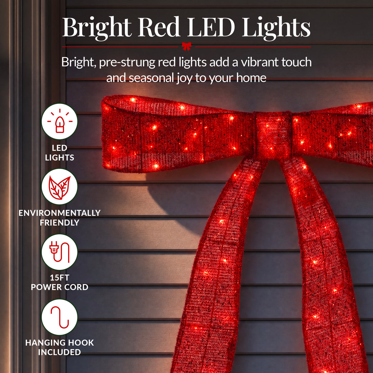 Large Pre-Lit Christmas Bow Slim Lighted Decor, XL Outdoor Red Bow w/ LEDs