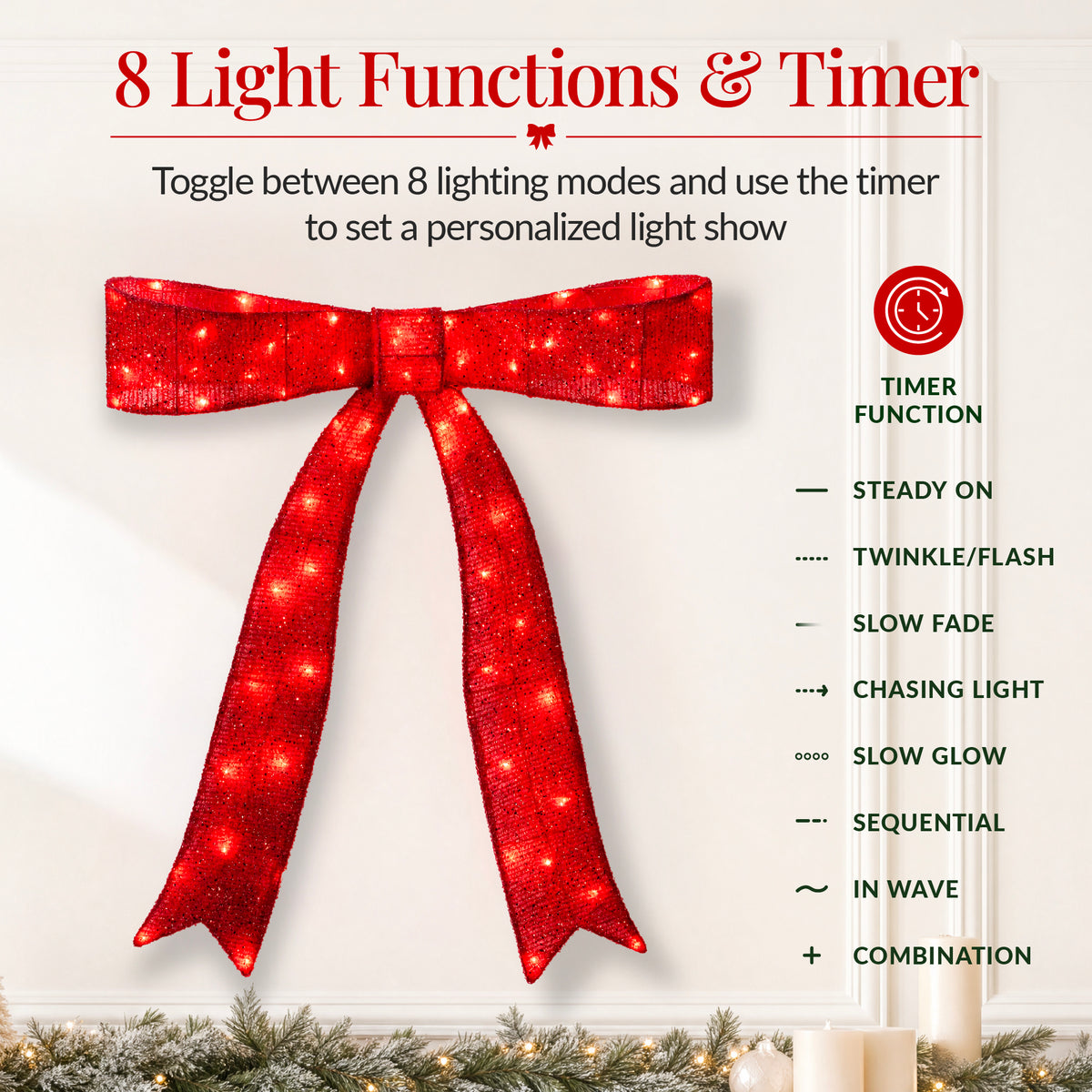 Large Pre-Lit Christmas Bow Slim Lighted Decor, XL Outdoor Red Bow w/ LEDs
