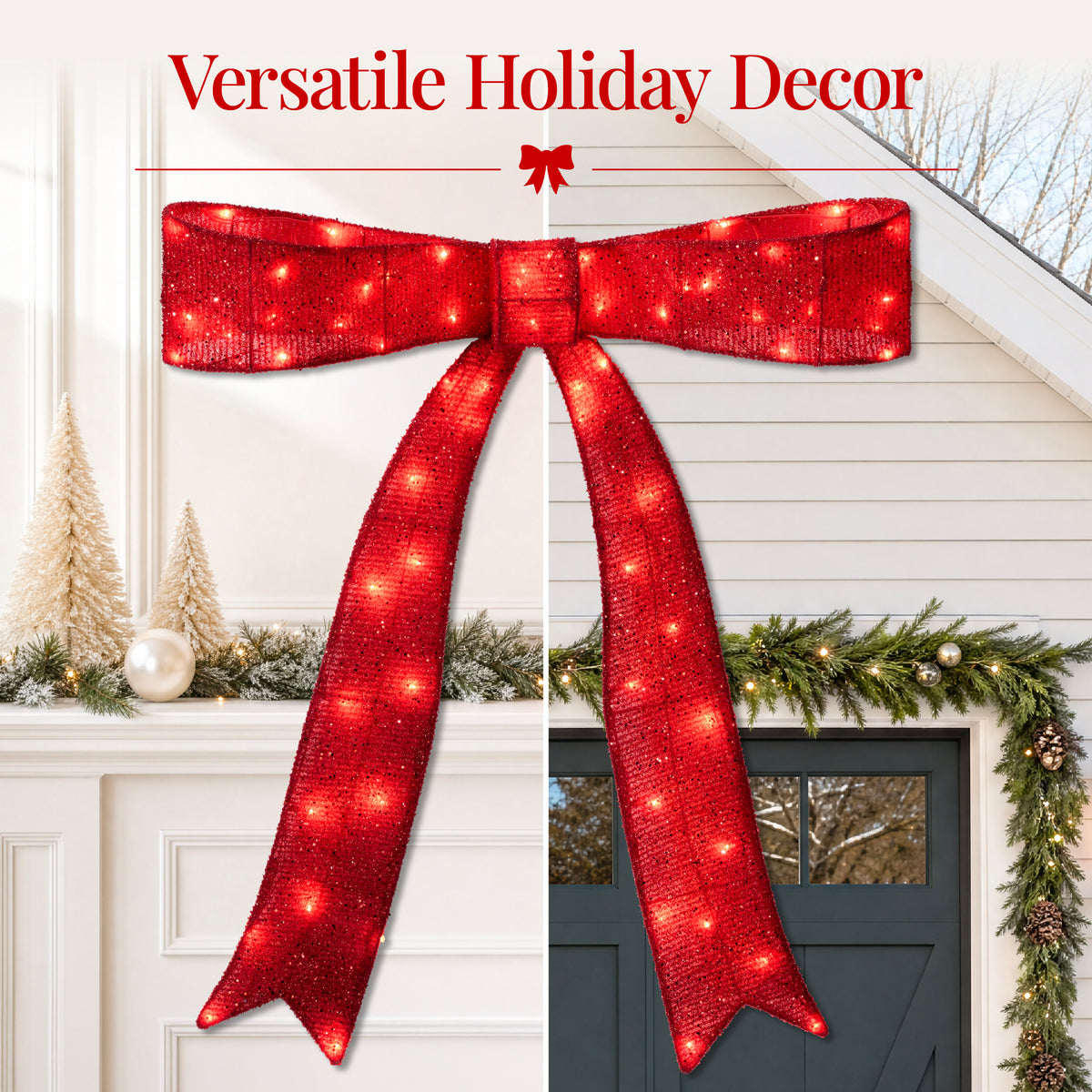 Large Pre-Lit Christmas Bow Slim Lighted Decor, XL Outdoor Red Bow w/ LEDs